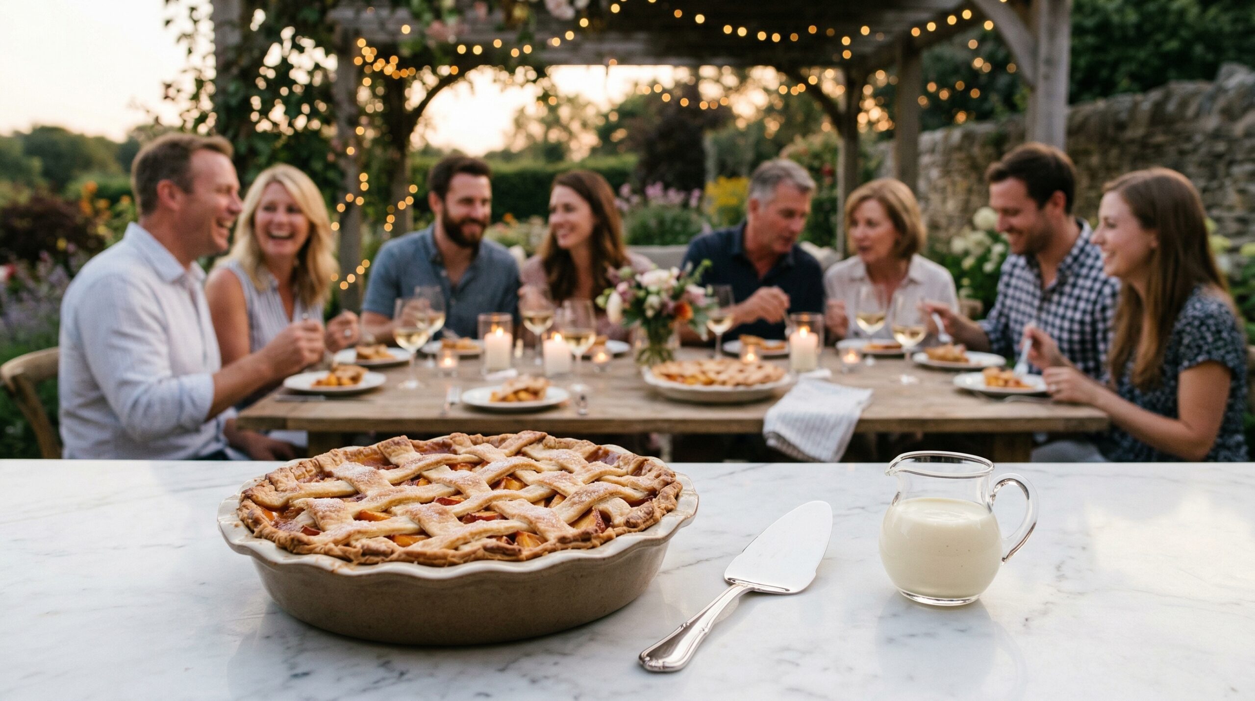 A heavy ceramic pie dish holding freshly baked peach pie and a polished silver pie server in sharp focus in the foreground, with an elegant softly lit summer evening gathering of four Caucasian couples blurred in the background