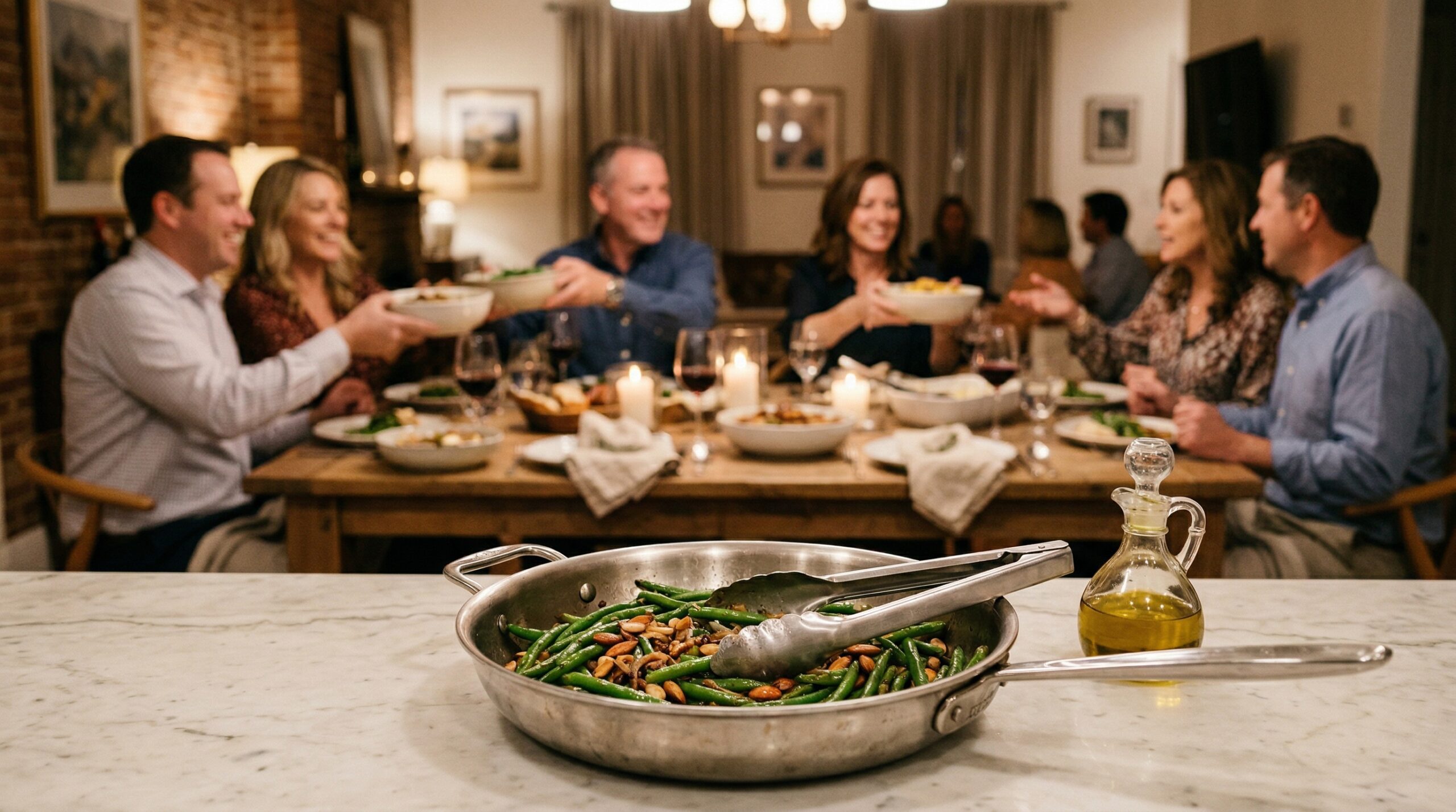 A heavy stainless steel skillet holding glazed green beans and professional silver serving tongs in sharp focus in the foreground, with an elegant softly lit evening dining room gathering blurred in the background