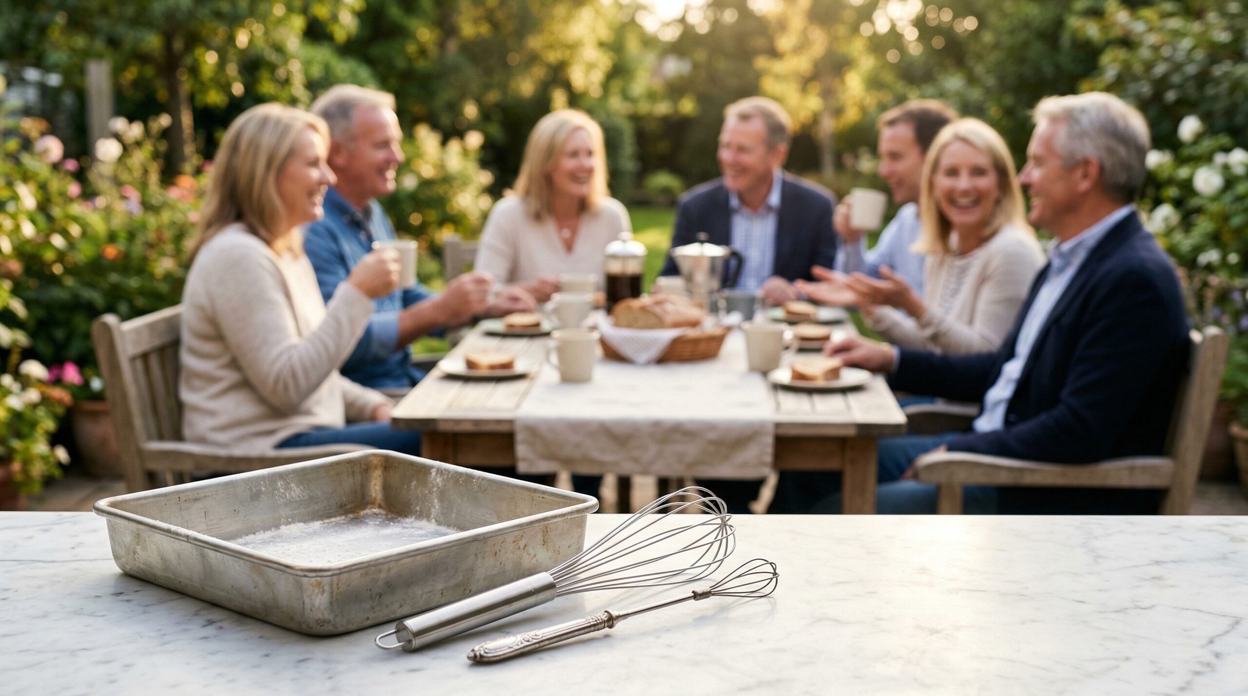 Afternoon gathering with guests and professional baking tools in foreground