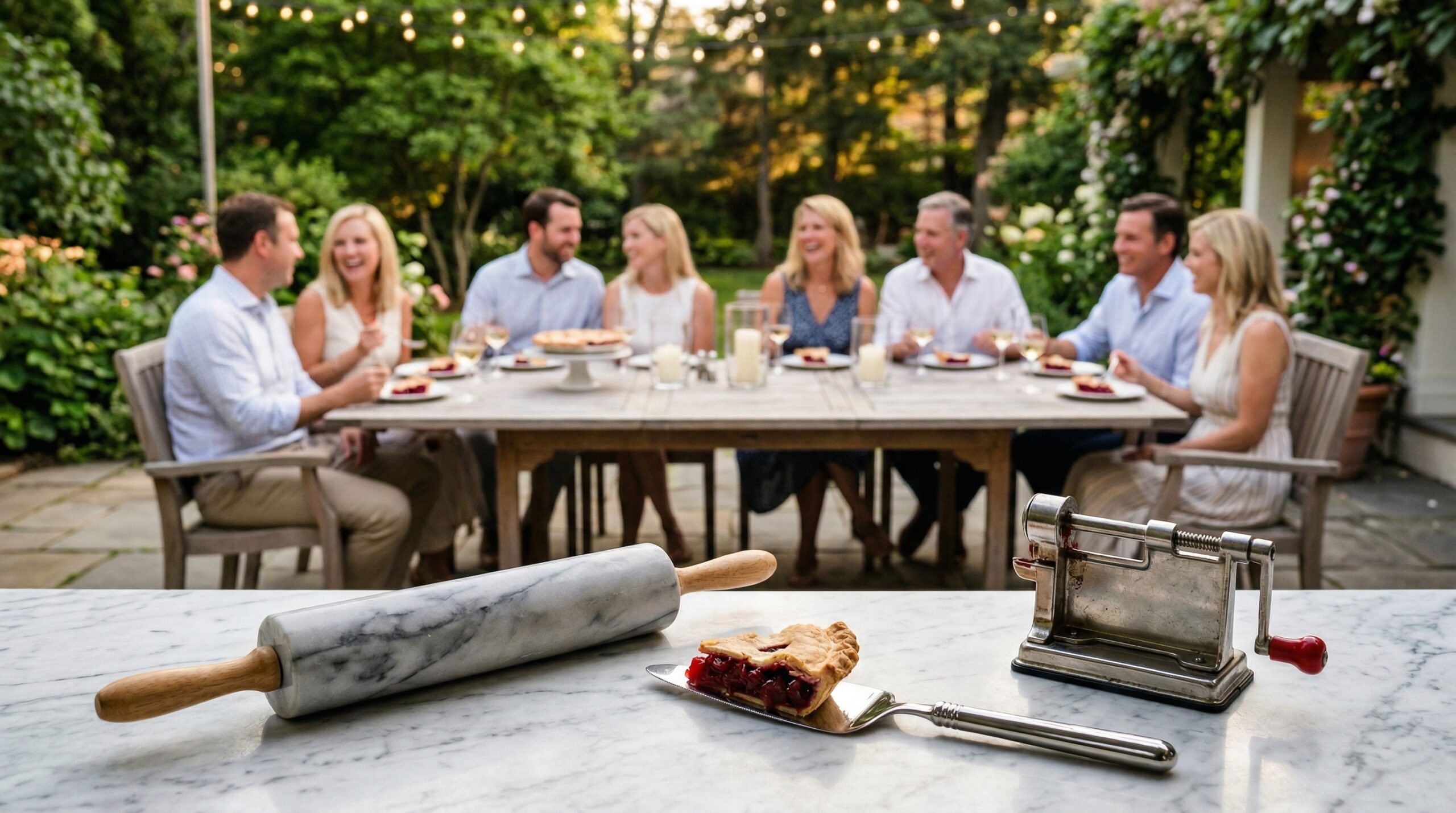 Summer patio gathering with guests enjoying pie and kitchen instruments in foreground
