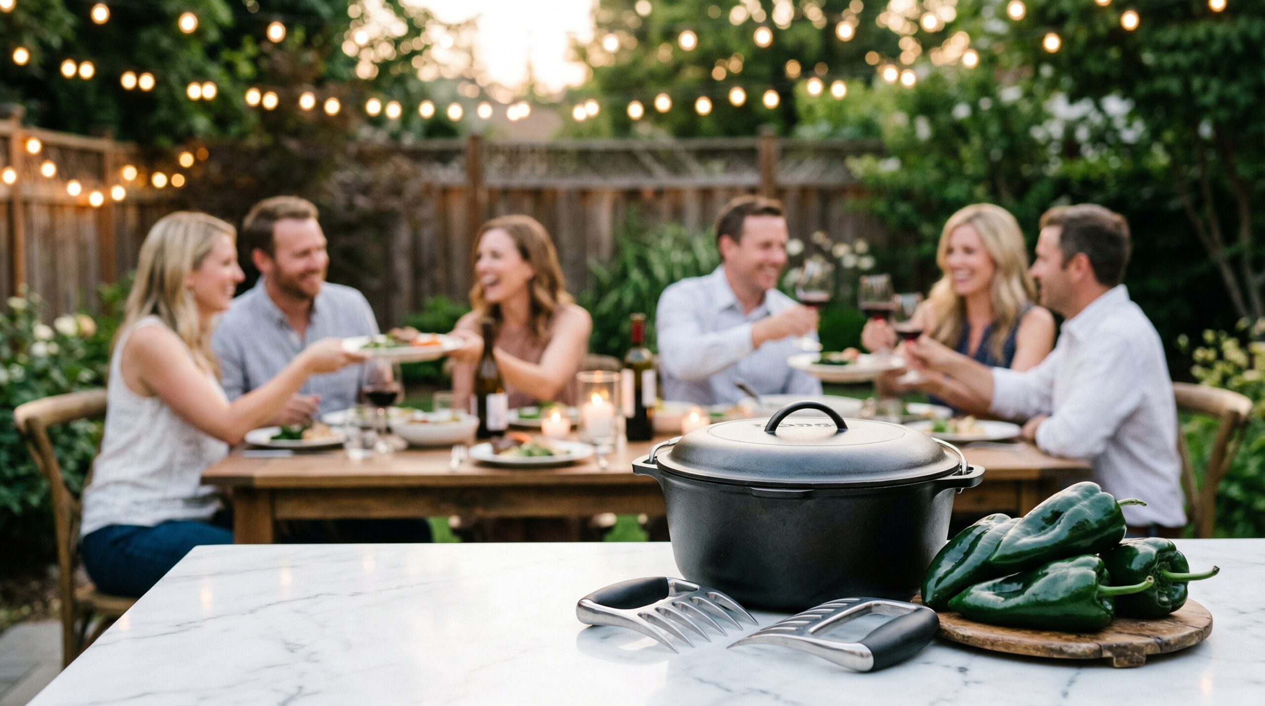 Outdoor backyard dinner gathering with a heavy Dutch oven in the foreground