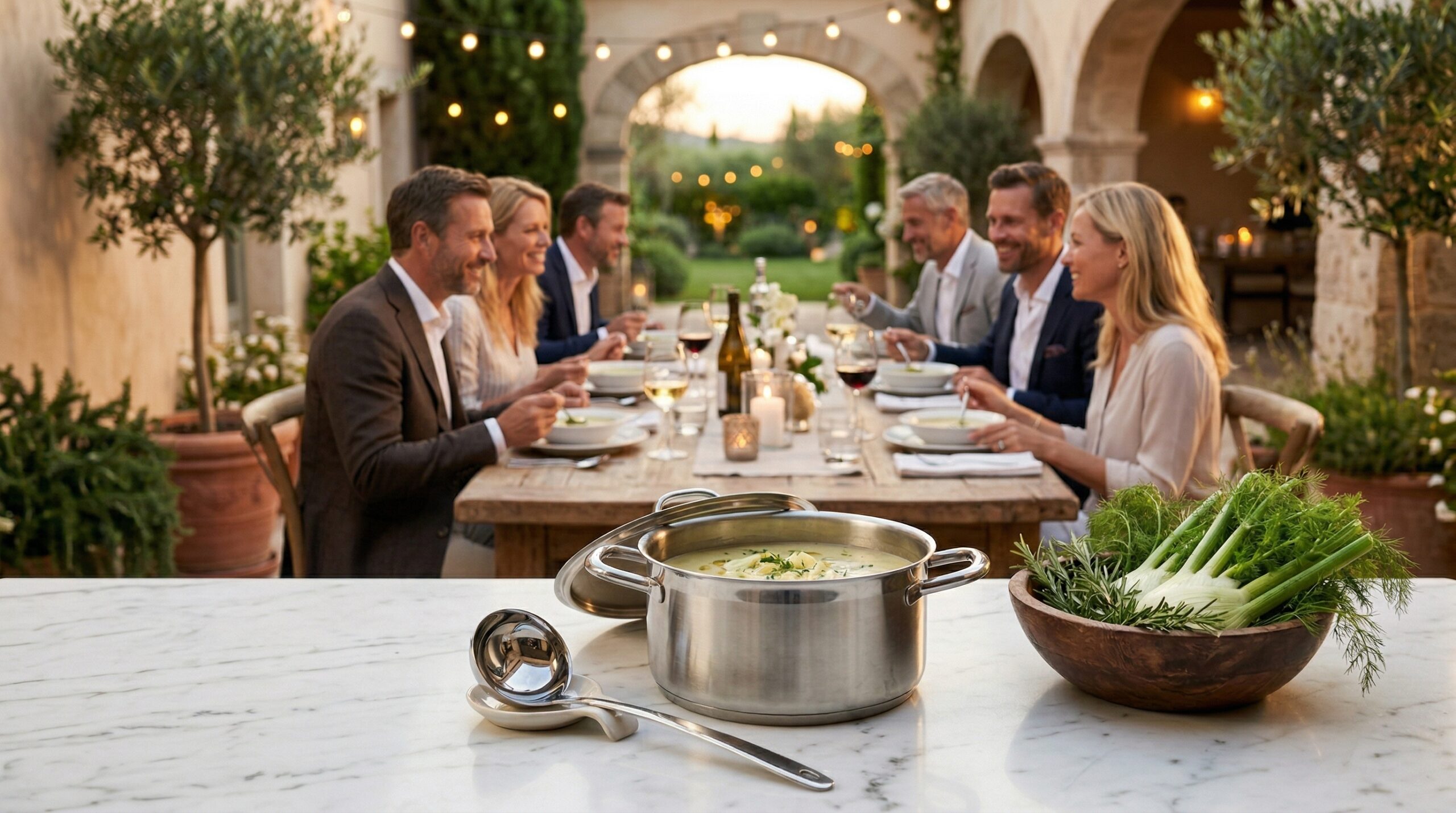 Guests gathered for soup on an outdoor terrace with a stainless soup pot in foreground