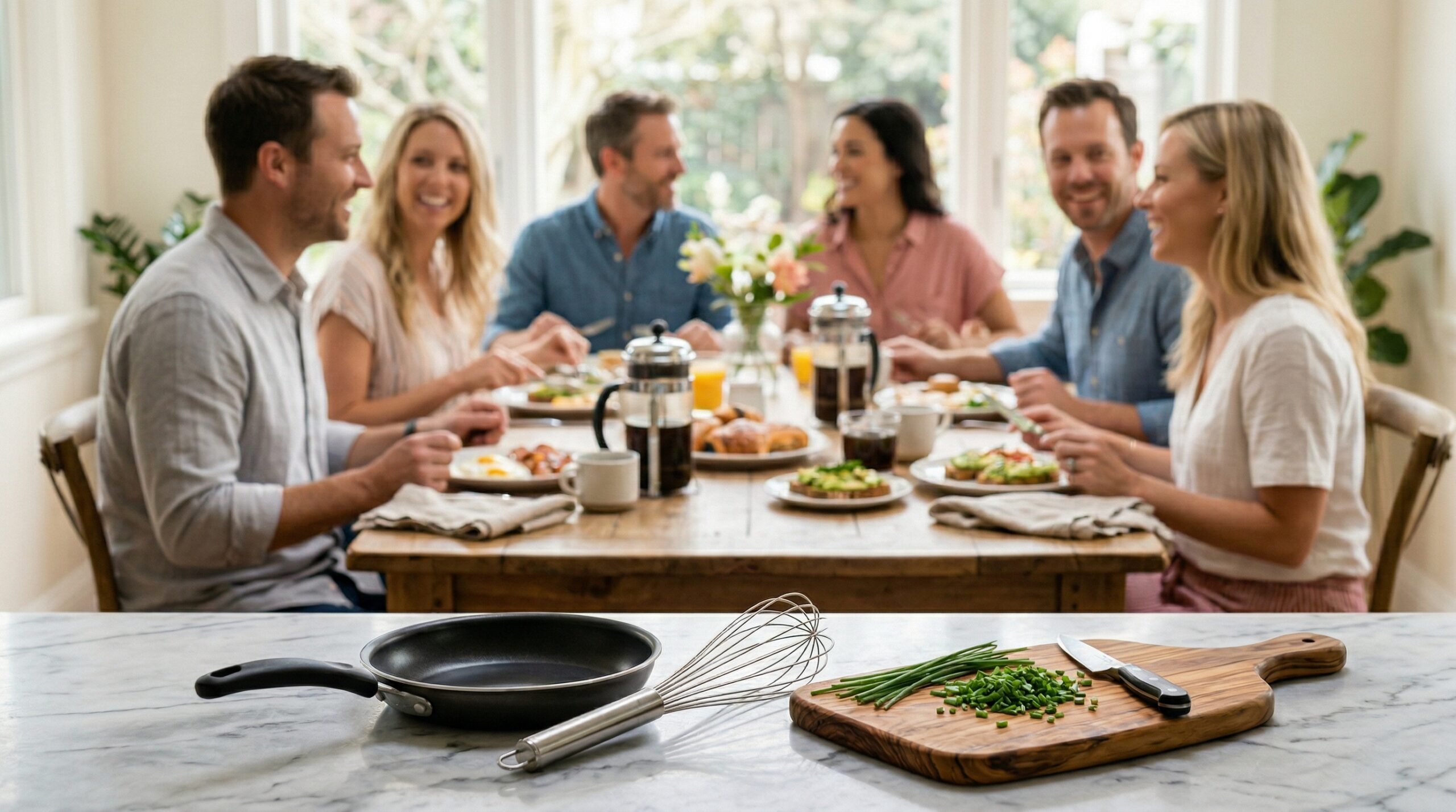 Morning breakfast scene with 4 Caucasian couples in soft bokeh background