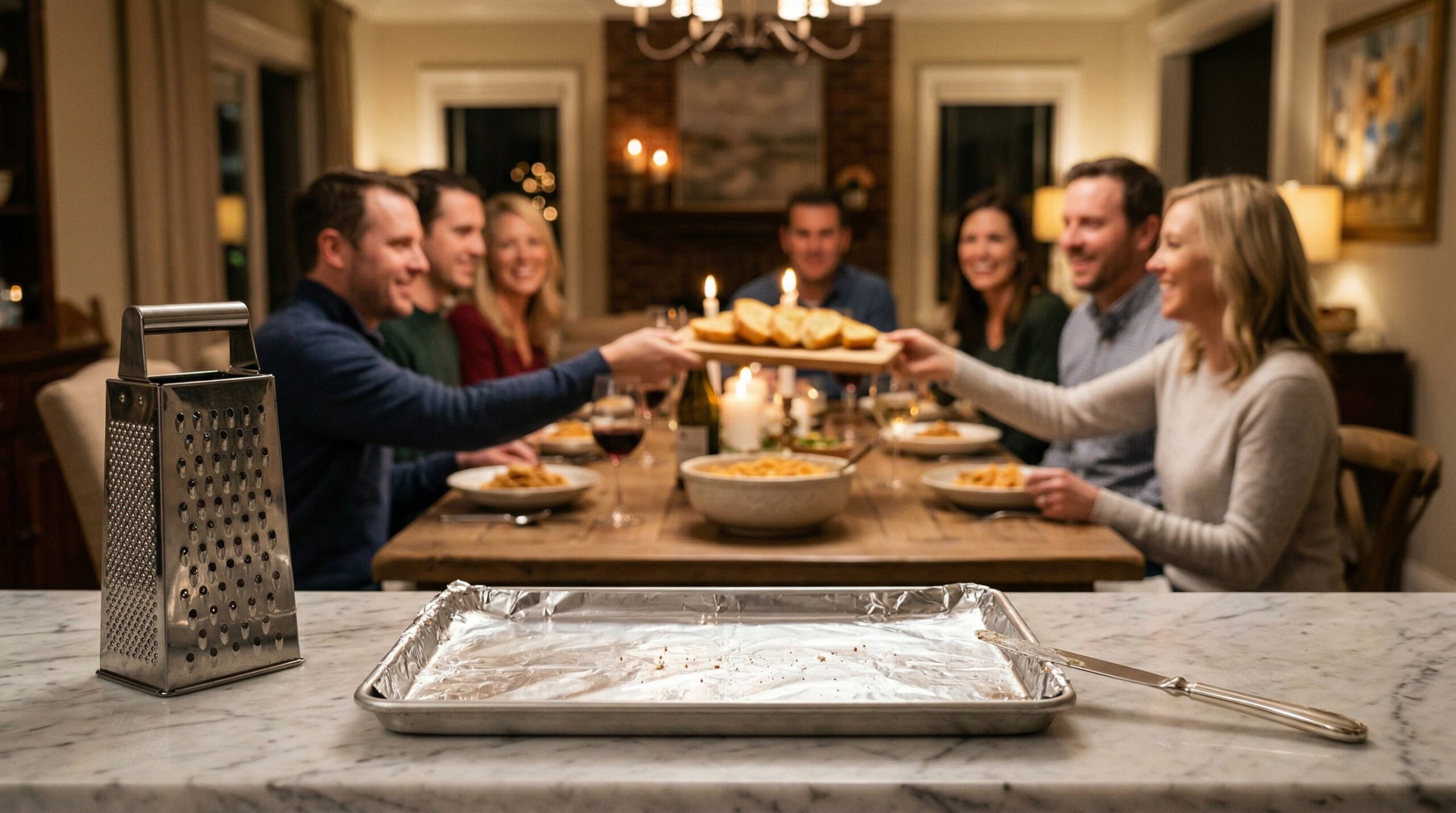 Evening dinner scene with cheese grater and baking sheet in foreground