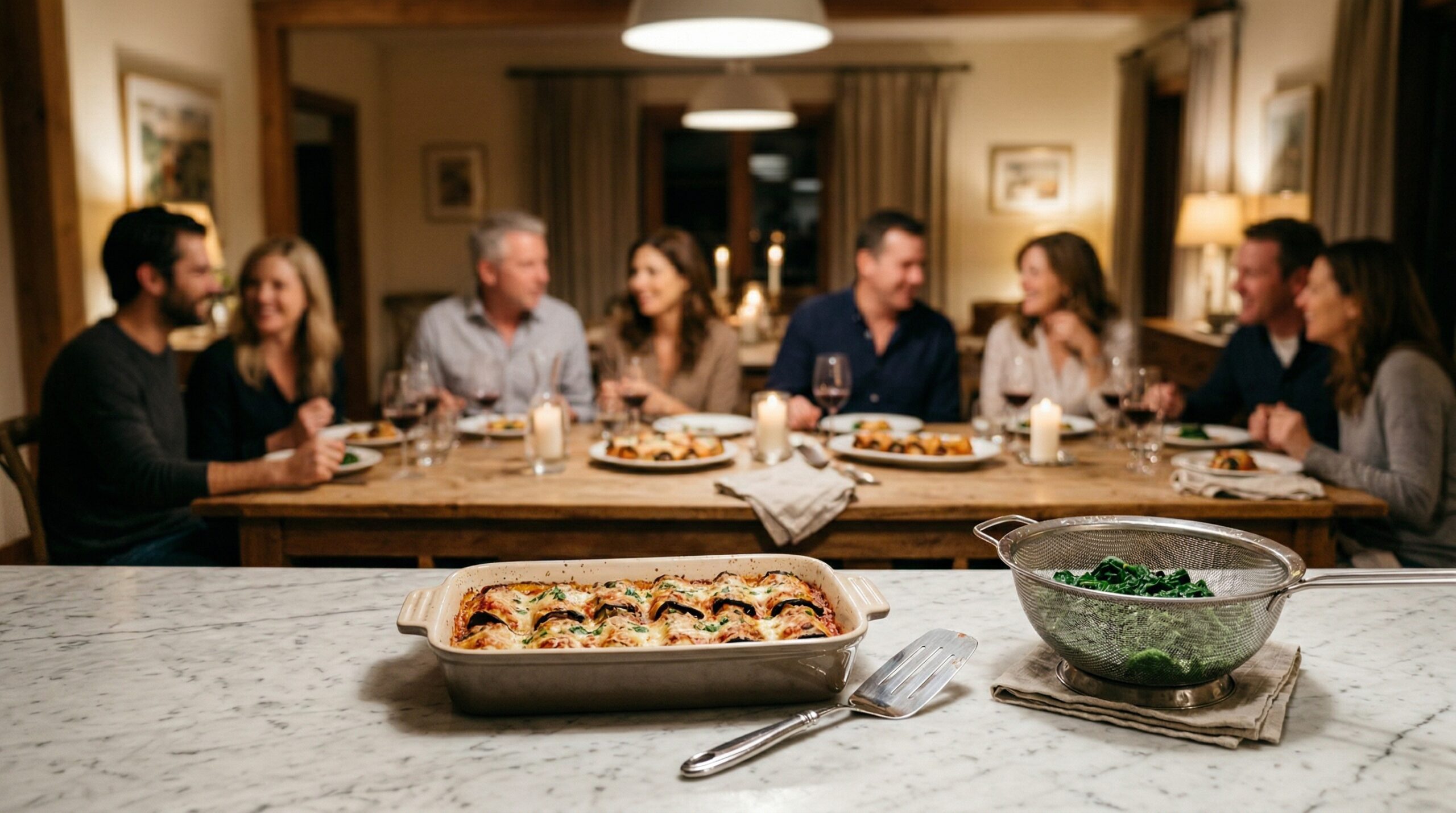 Guests gathered for an Italian dinner with ceramic baking dish and silver server in foreground