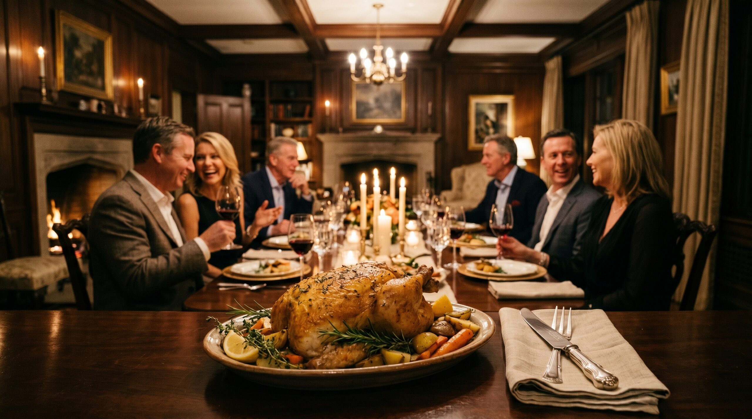Elegant indoor estate dining room during an intimate evening dinner party with couples laughing in the background, a golden herb-roasted chicken and carving set in the foreground