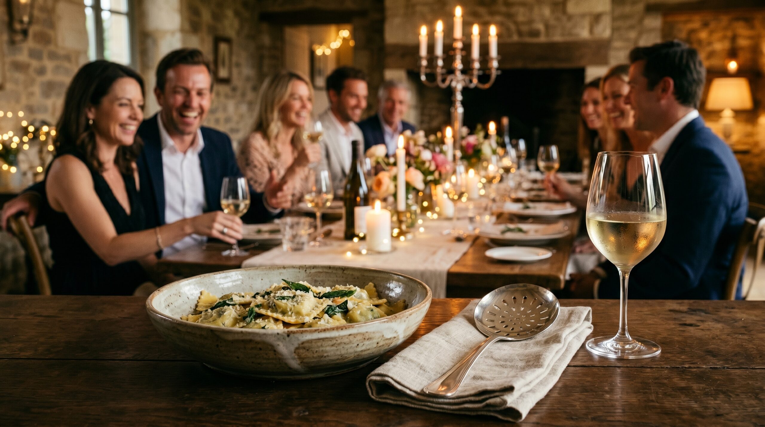 Elegant estate dinner party with couples laughing in the background, a rustic serving bowl of ravioli and a silver slotted spoon in the foreground