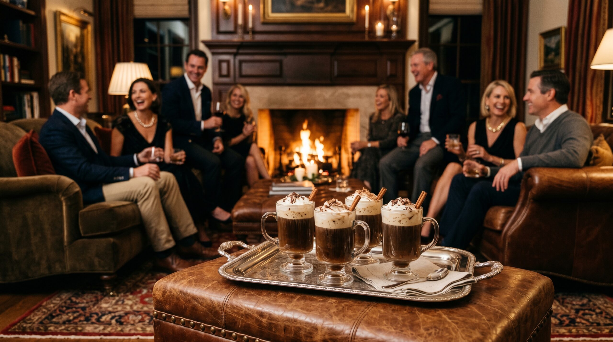 Elegant indoor estate living room during a late-evening gathering with couples relaxing near a glowing fireplace, a silver tray of steaming coffee cocktails in the foreground