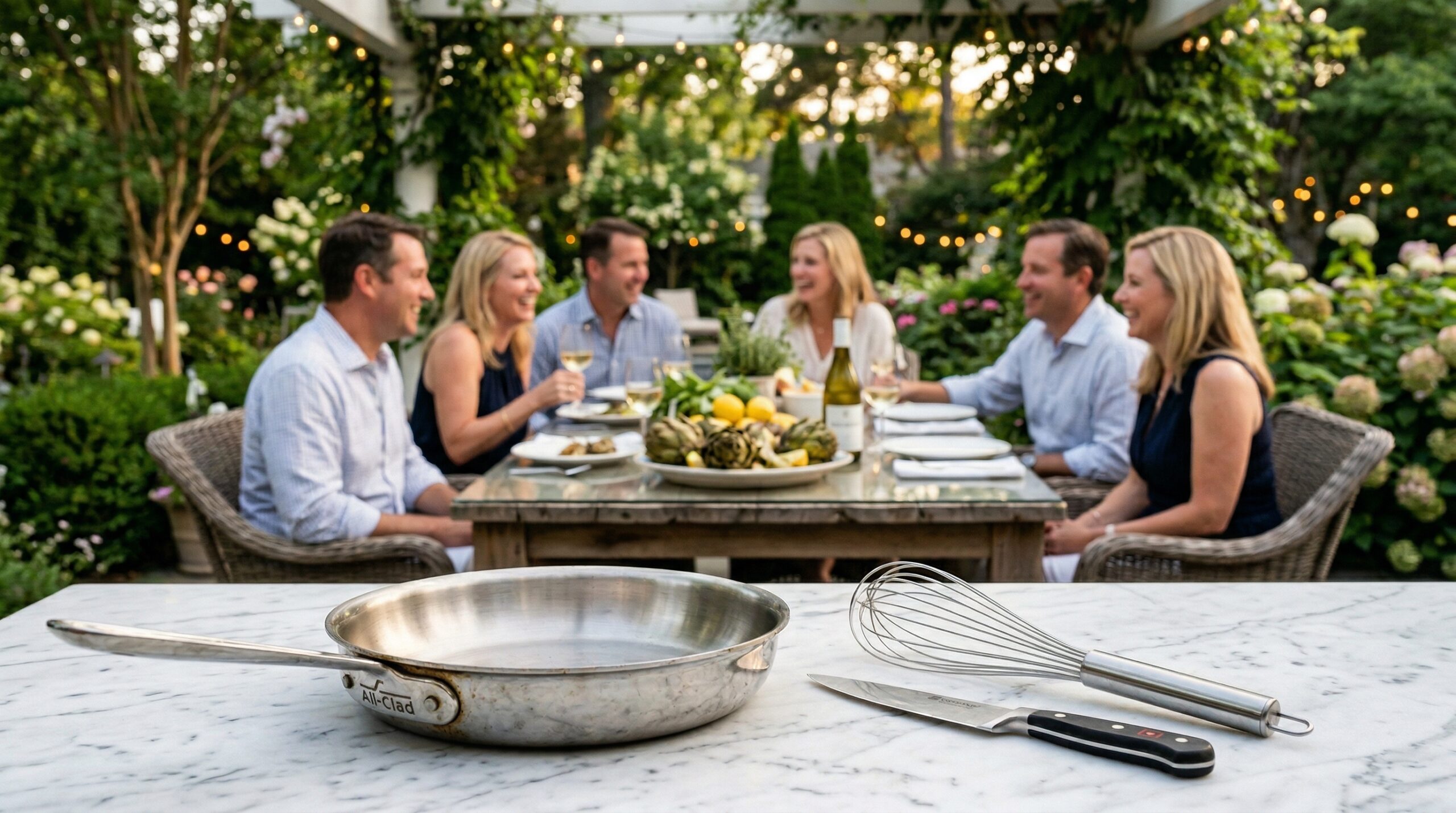 Outdoor garden gathering with guests sharing artichokes and silver kitchen tools in foreground
