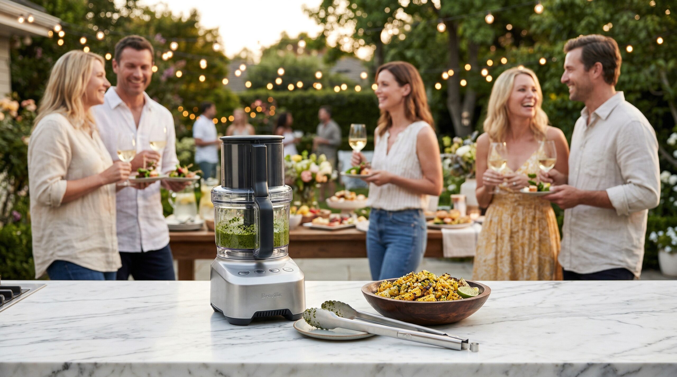 Outdoor summer garden party with guests enjoying hand salads and kitchen tools in foreground