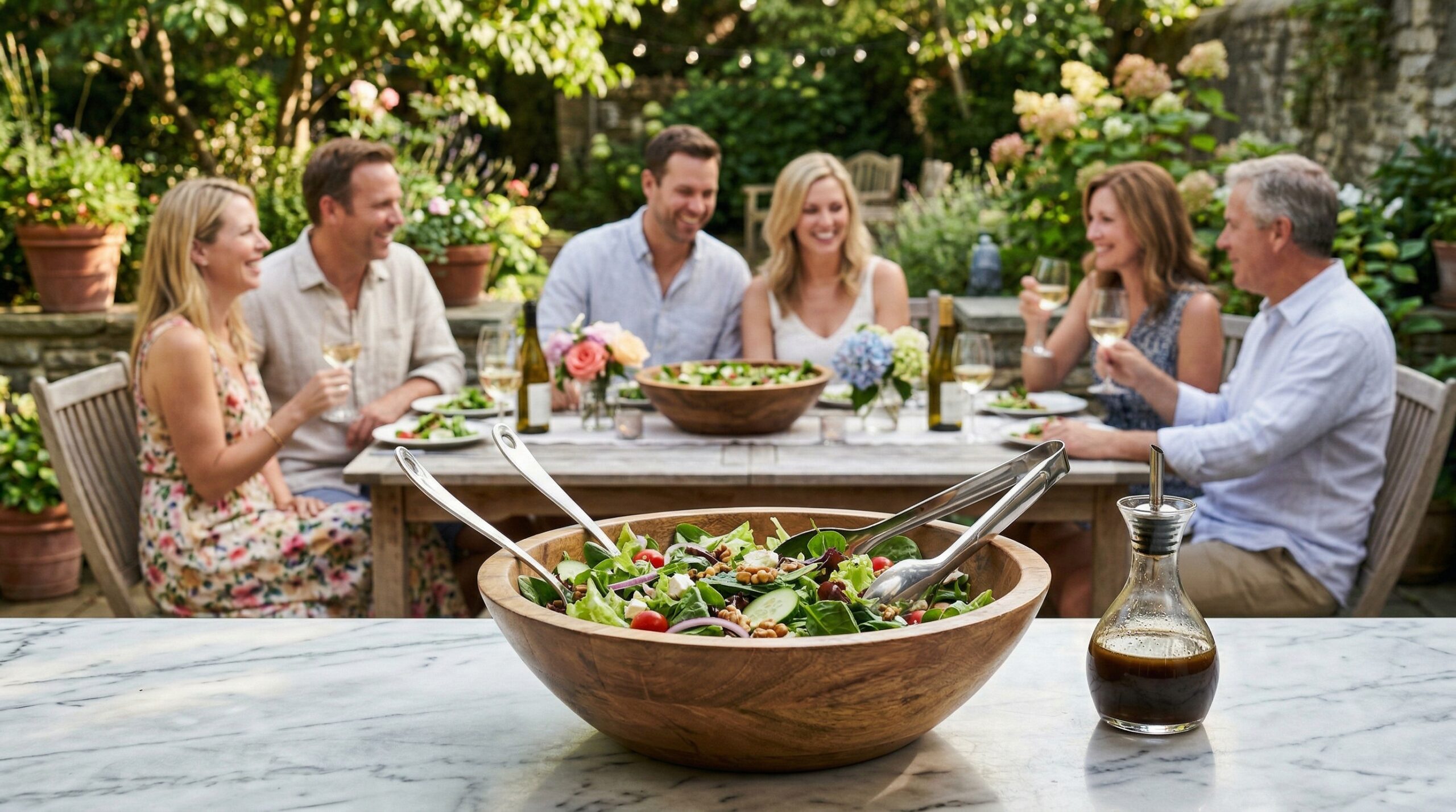 Sun-drenched garden lunch scene with 4 Caucasian couples and a wooden salad bowl in foreground