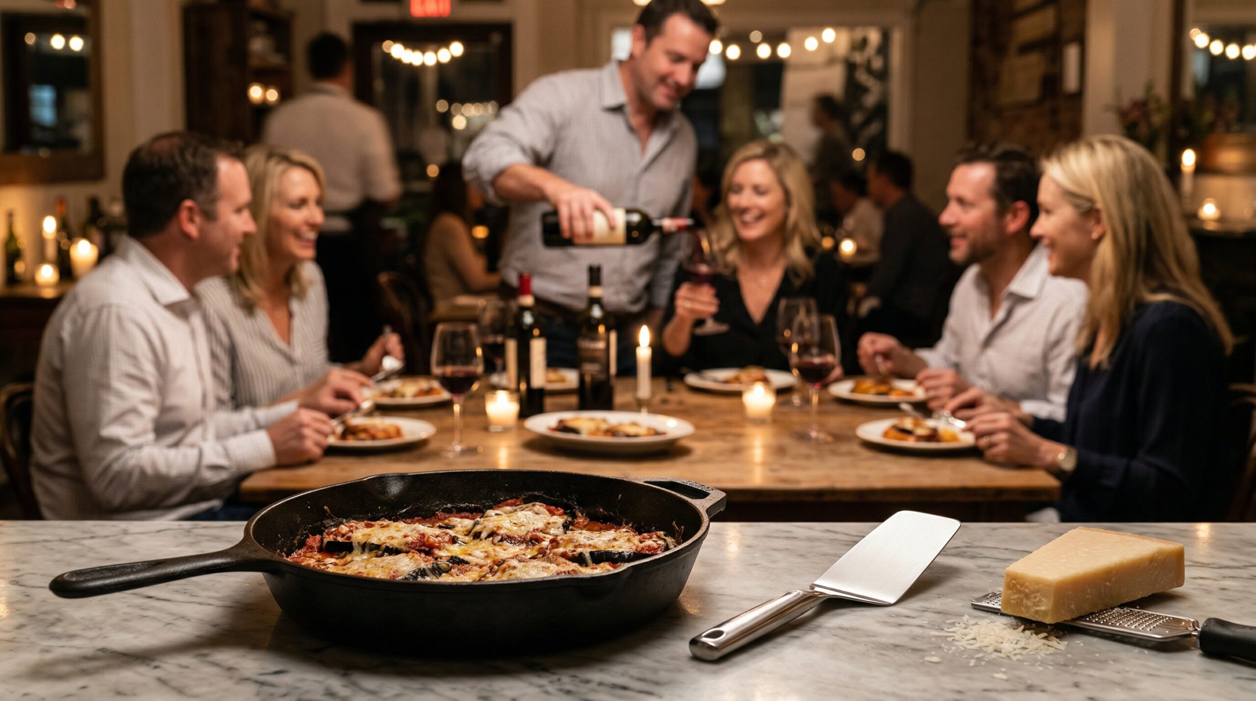 Gathering of friends around an Italian dinner table with kitchen instruments in foreground