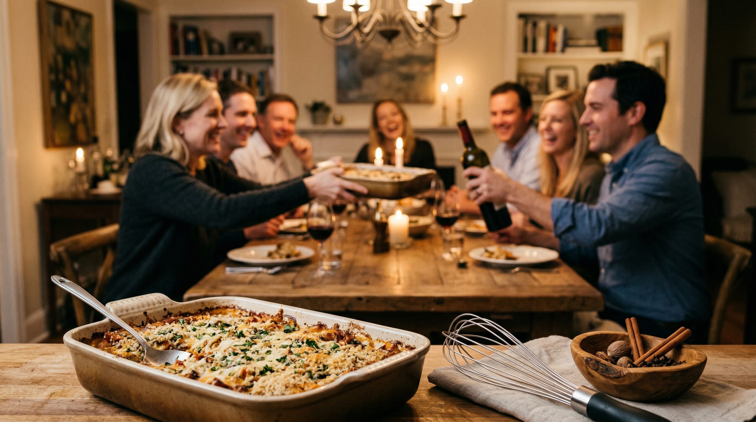 Elegant dinner party background with a 9x13 ceramic dish in foreground