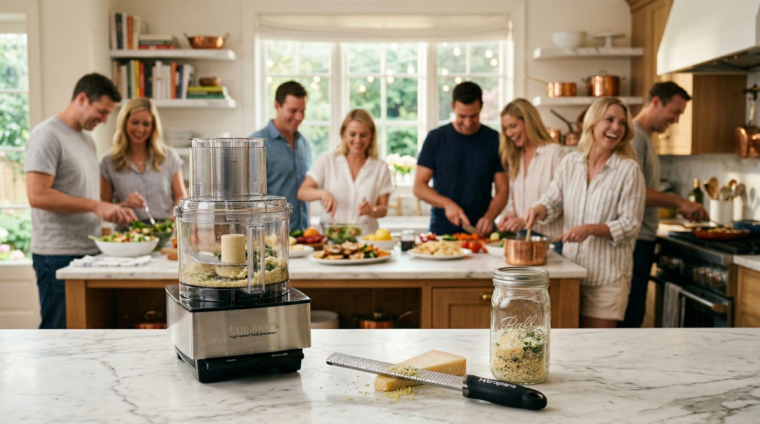 Kitchen scene with food processor and guests in soft bokeh background