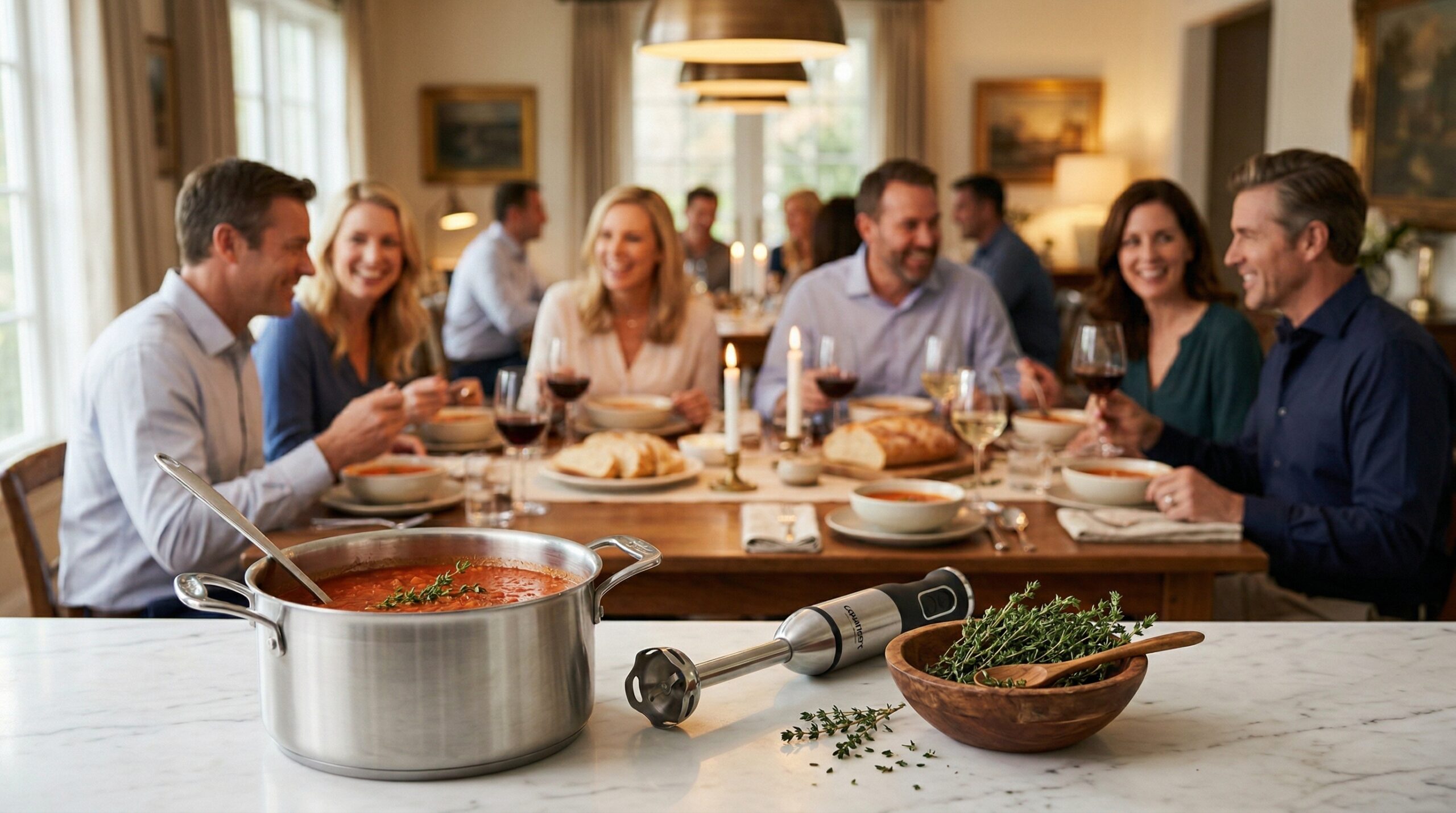 Gathering of friends at a dining table with a professional soup pot in foreground