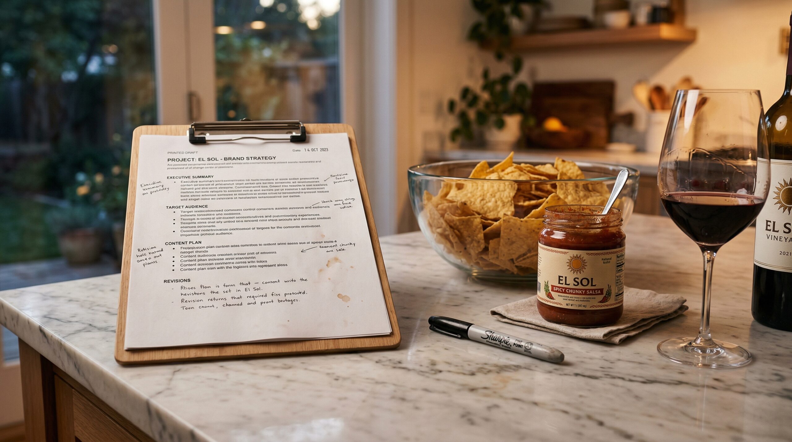 A clipboard with a printed draft sheet resting next to a thick Sharpie pen, fresh tortilla chips, and a jar of spicy salsa