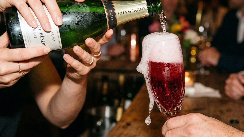 Action shot of hands pouring sparkling Champagne into a crystal flute filled with red pomegranate juice