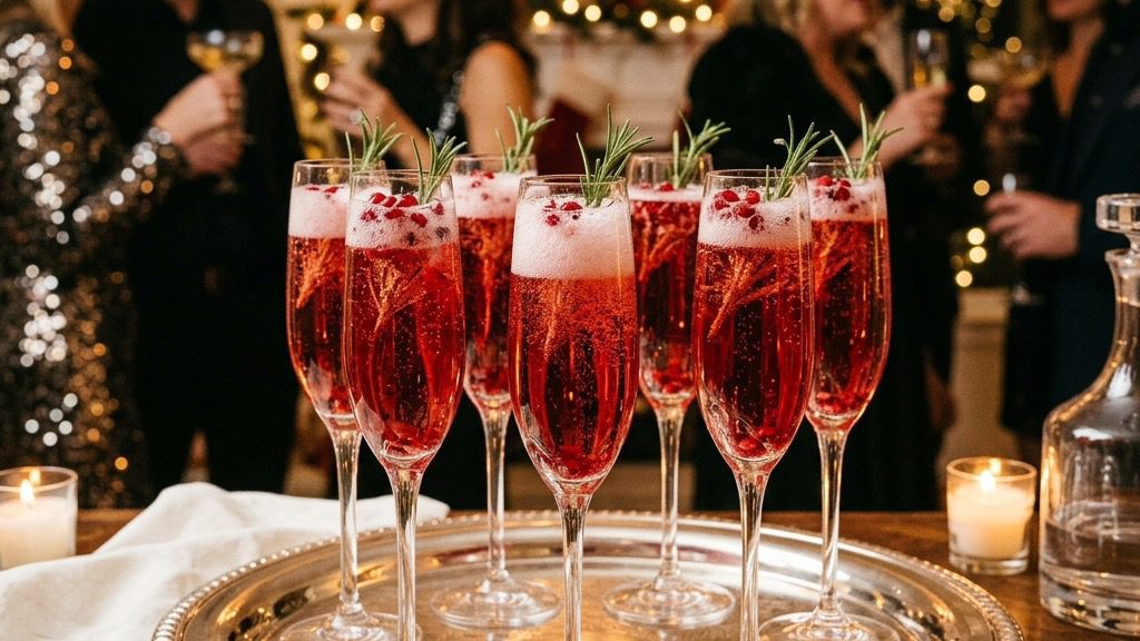 An elegant party setting featuring a silver tray lined with sparkling pomegranate cocktails