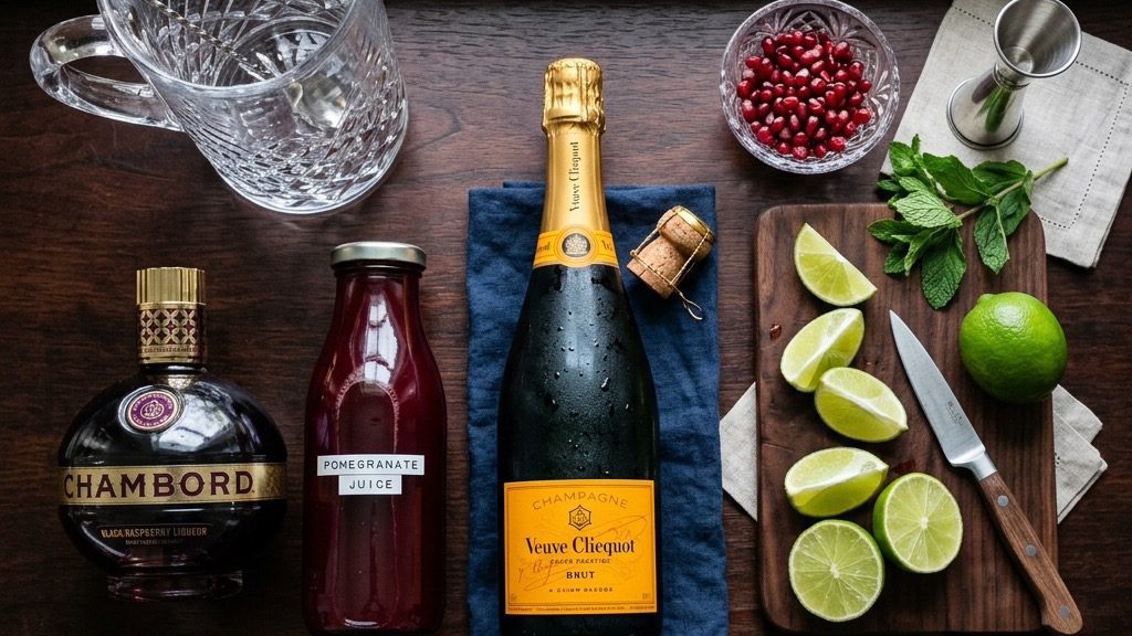 Mise-en-place overhead flatlay of cocktail ingredients: pomegranate juice, Chambord, Champagne, and fresh limes