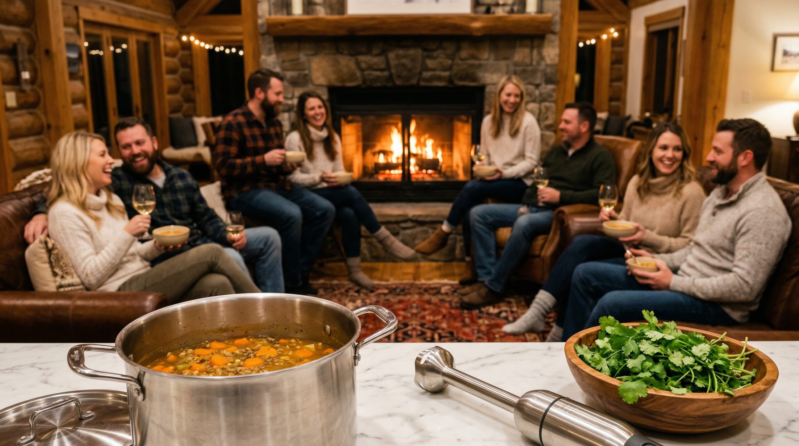 Guests gathered fireside with soup bowls and kitchen instruments in foreground