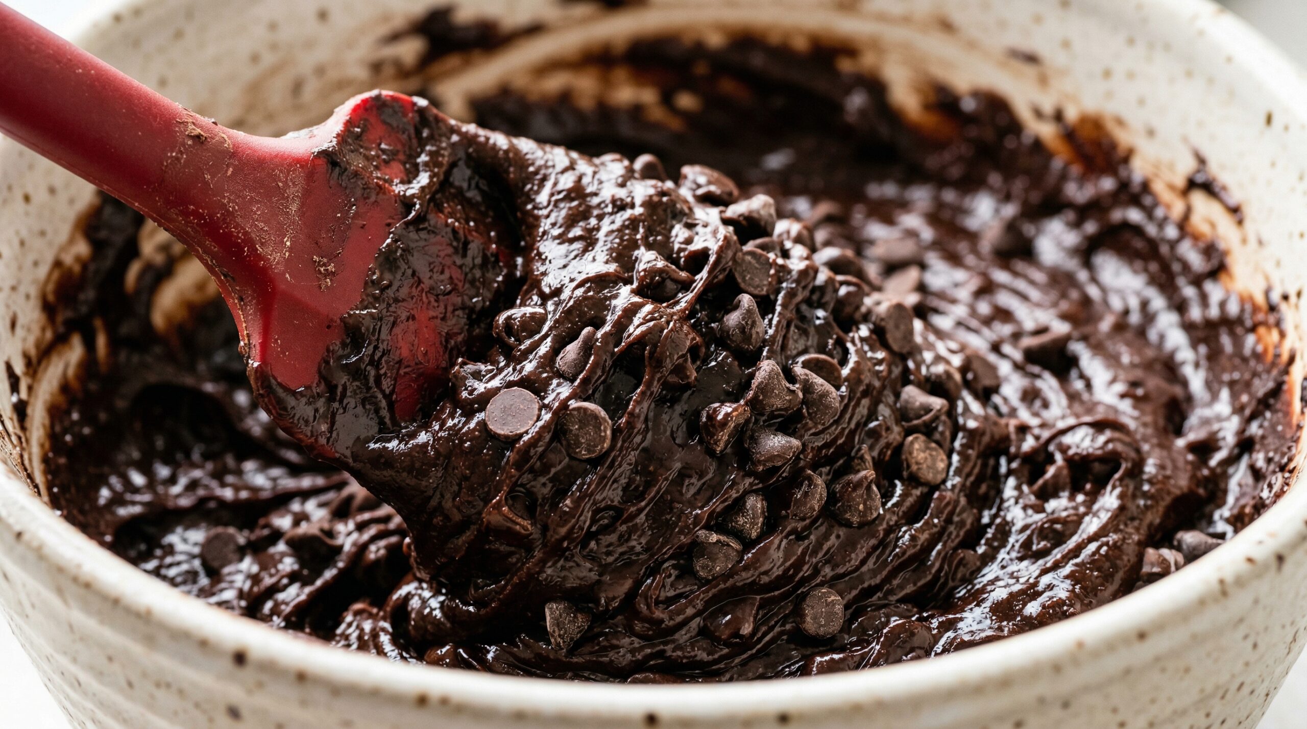 Macro detail of a professional silicone spatula actively folding a massive wave of semi-sweet chocolate chips into a thick, glossy, dark chocolate brownie batter
