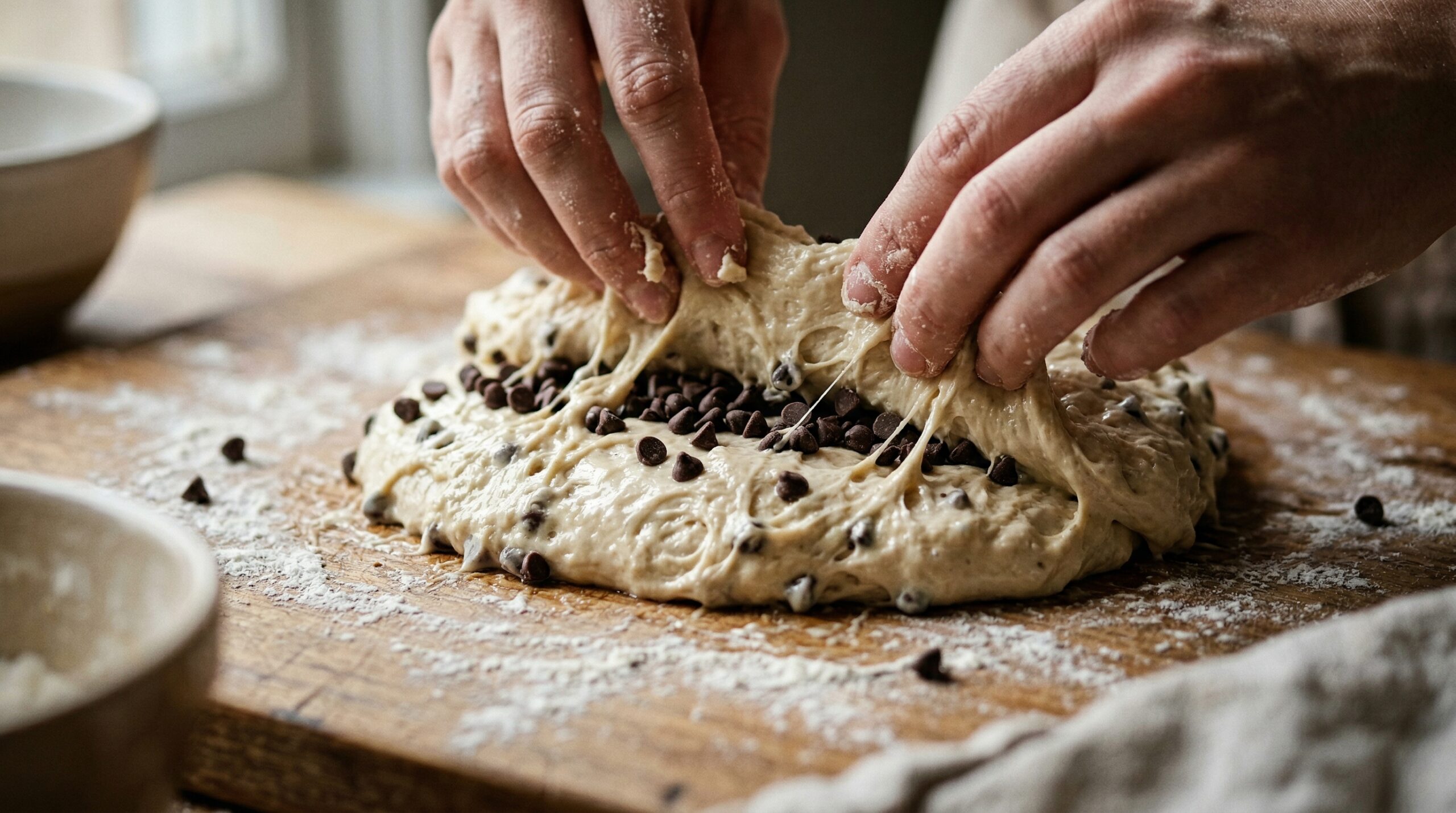 Macro detail of two hands gently folding a sticky, shaggy, highly hydrated dough over a heavy layer of miniature chocolate chips on a flour-dusted wooden prep board