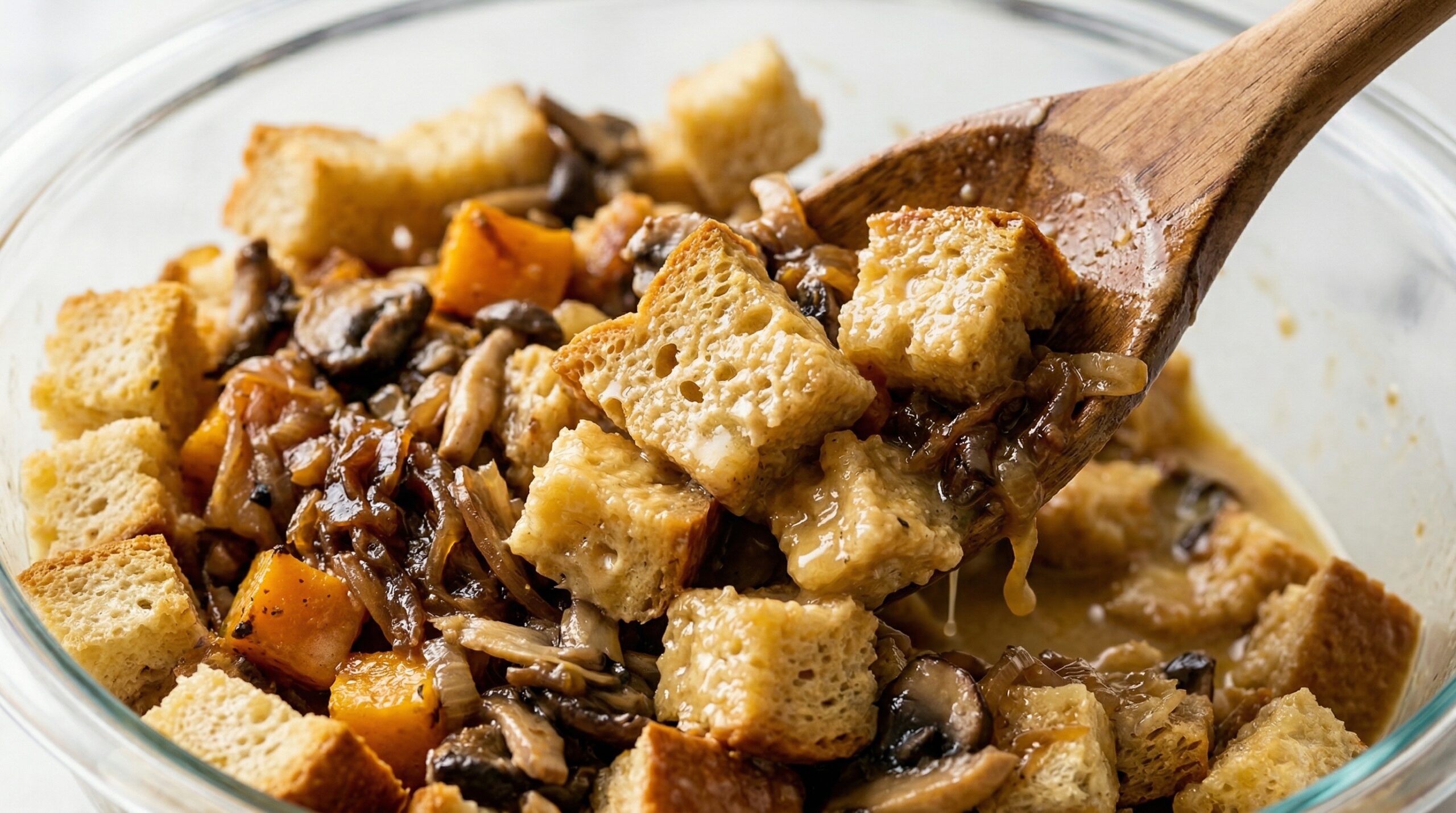 Macro detail of a professional wooden spoon actively folding dense bread cubes, caramelized onions, wild mushrooms, and roasted squash into a thick, creamy broth emulsion