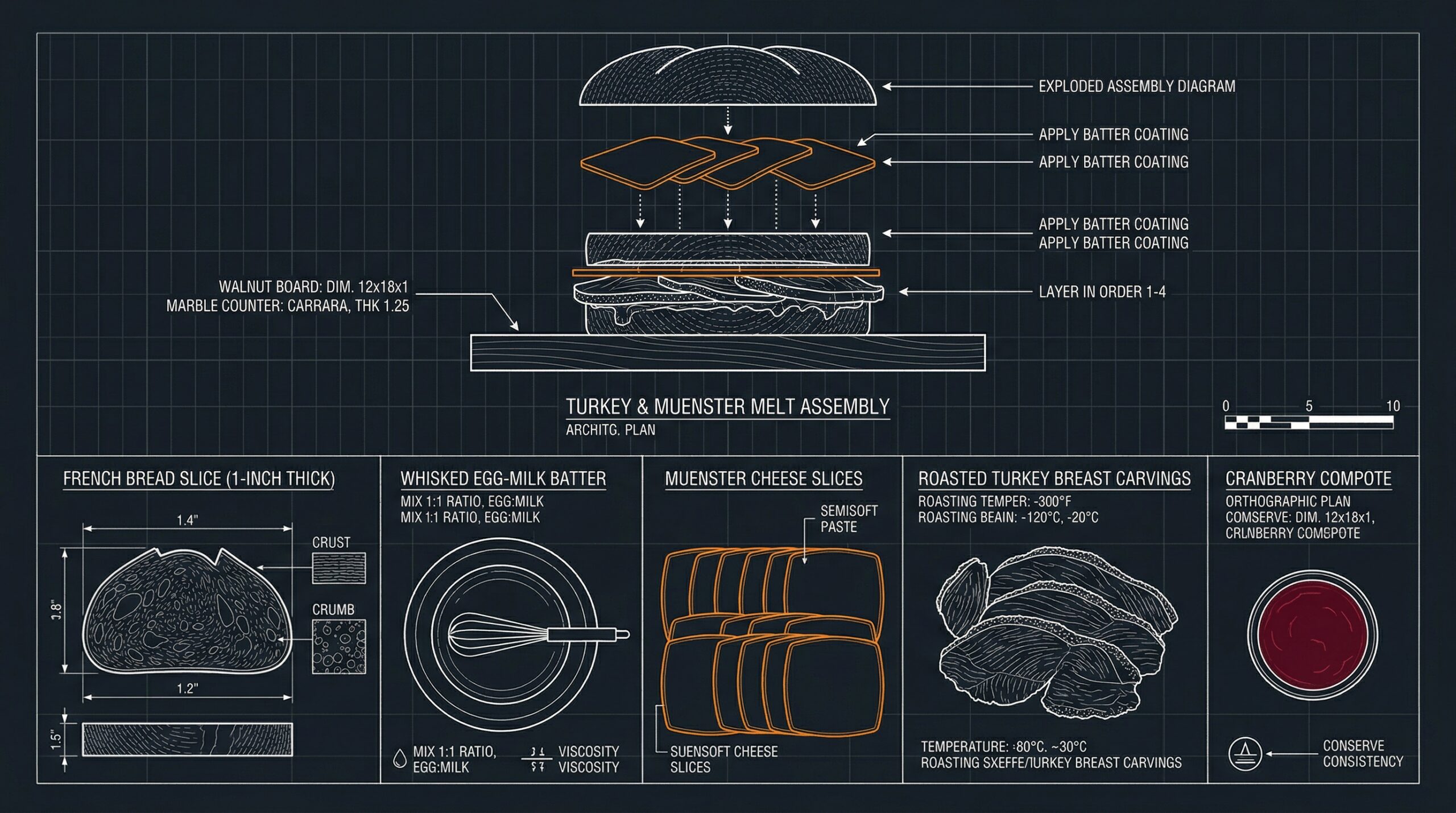 Thick slices of crusty French bread resting next to a shallow glass dish filled with a whisked egg and milk wash, cranberry sauce, and Muenster cheese