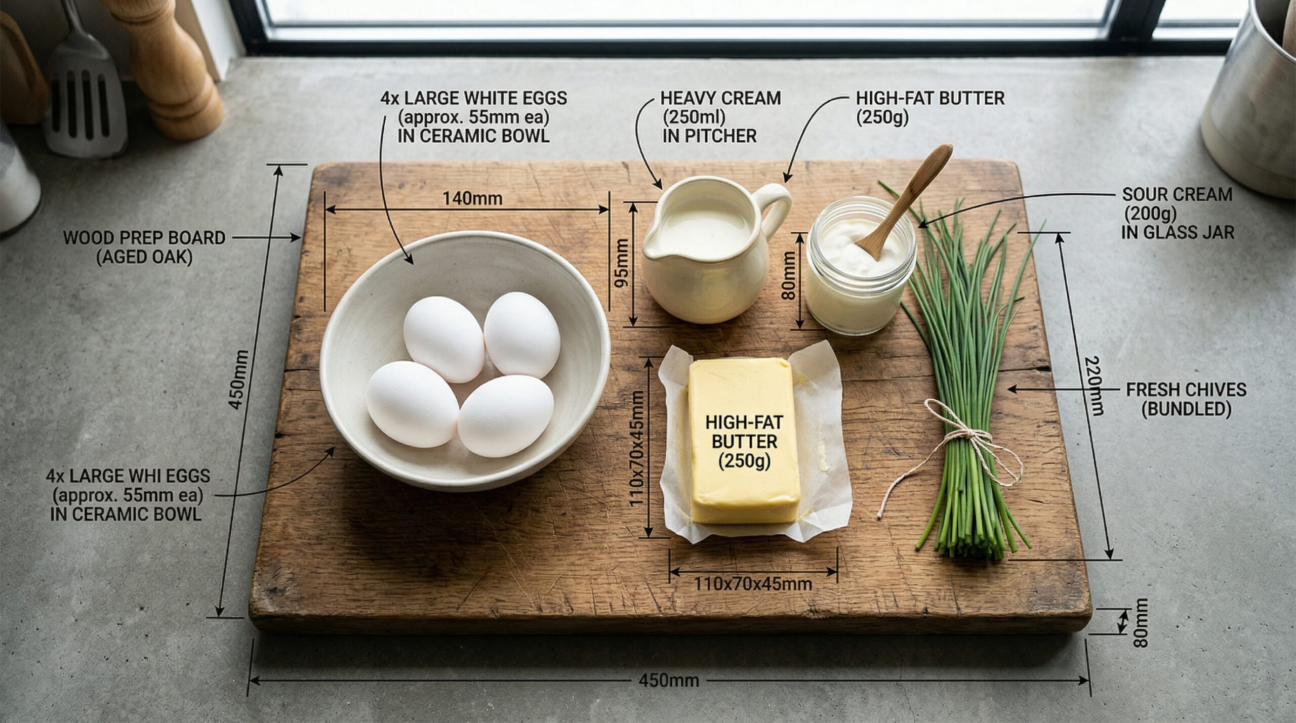 Raw eggs, heavy cream, butter, and sour cream arranged for French egg preparation