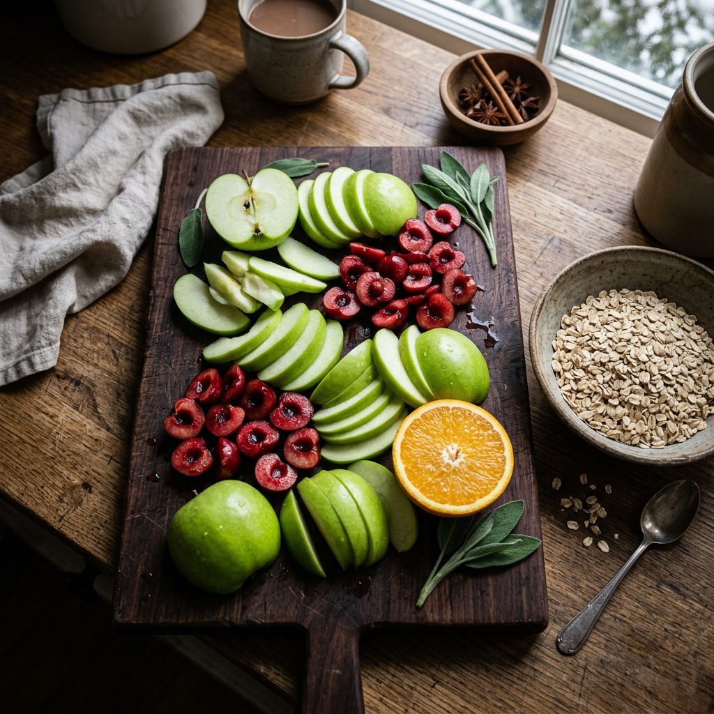 An overhead prep photography shot of a dark cutting board covered in vibrant sliced Granny Smith apples, sweet cherries, and a halved juicy orange.