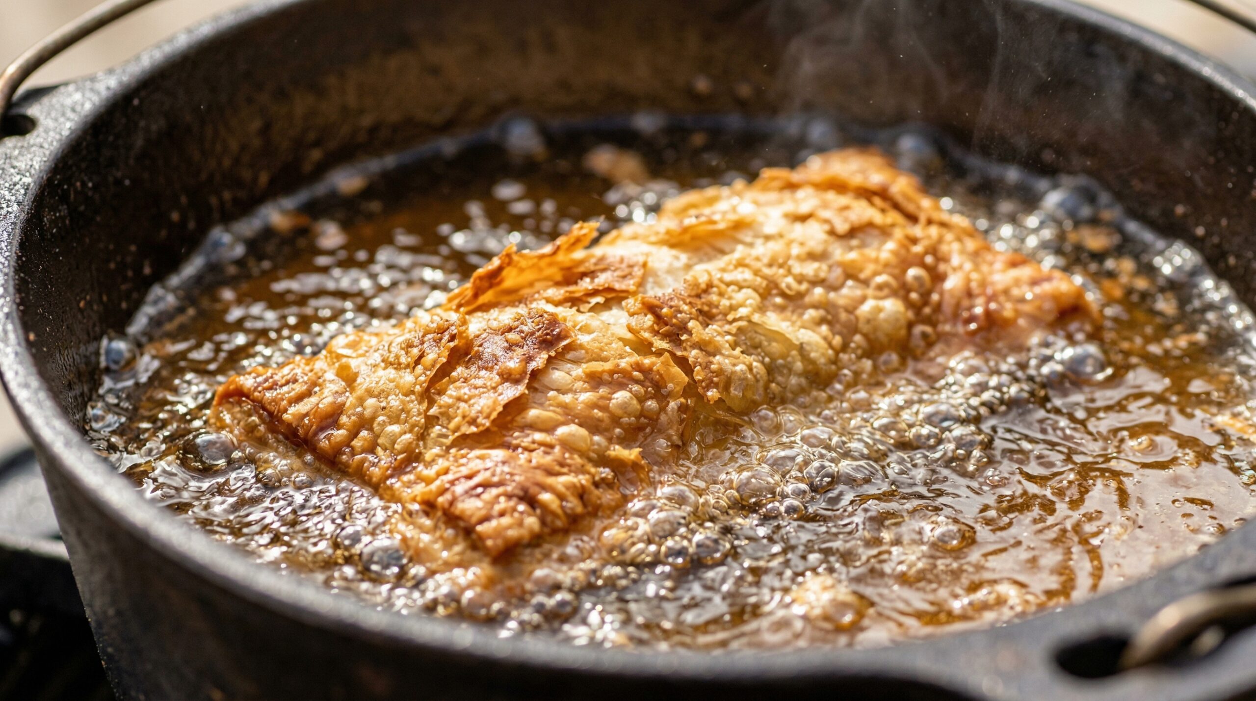 Macro detail of a sealed puff pastry hand pie actively deep-frying in hot oil, expanding into shattered, golden-brown flakes