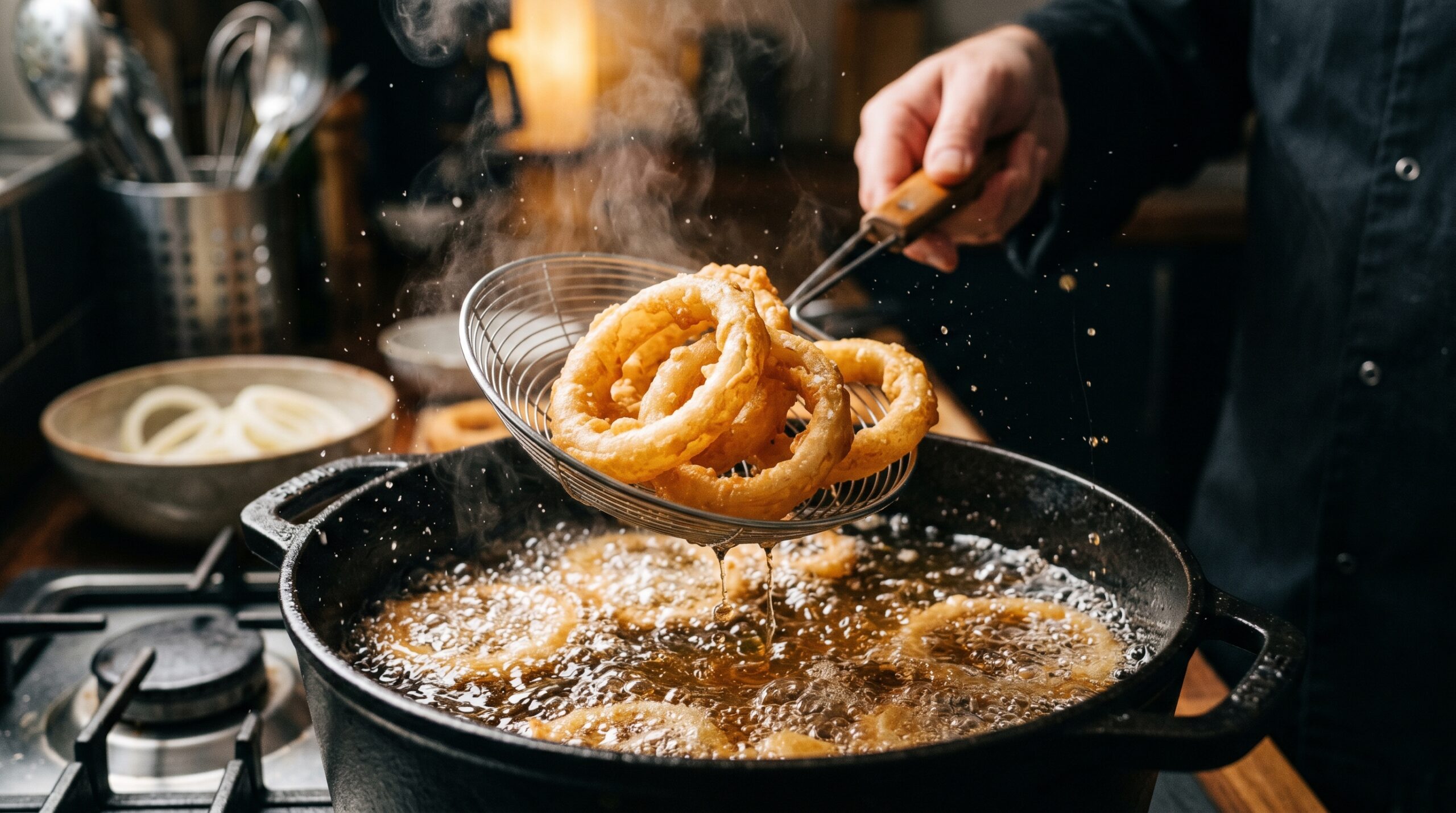 Action shot of a sleek silver spider strainer lifting bubbling, golden-brown beer-battered onion rings out of a heavy cast-iron Dutch oven