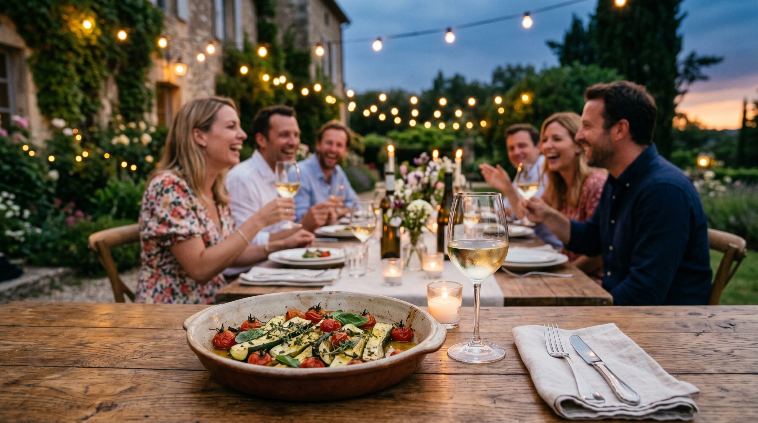 Elegant outdoor estate dining table during a warm twilight gathering with couples laughing in the background, the rustic dish of zucchini and roasted tomatoes next to a glass of white wine in the foreground