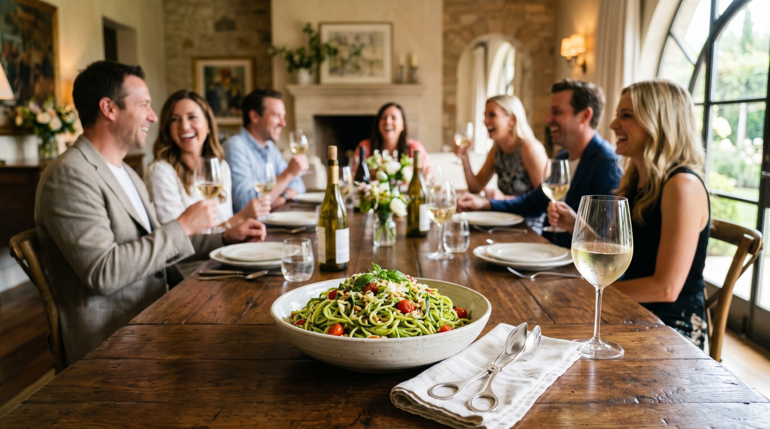 Elegant indoor estate dining room with couples laughing and enjoying wine around a set table, with a rustic serving bowl of zucchini pesto noodles in the foreground