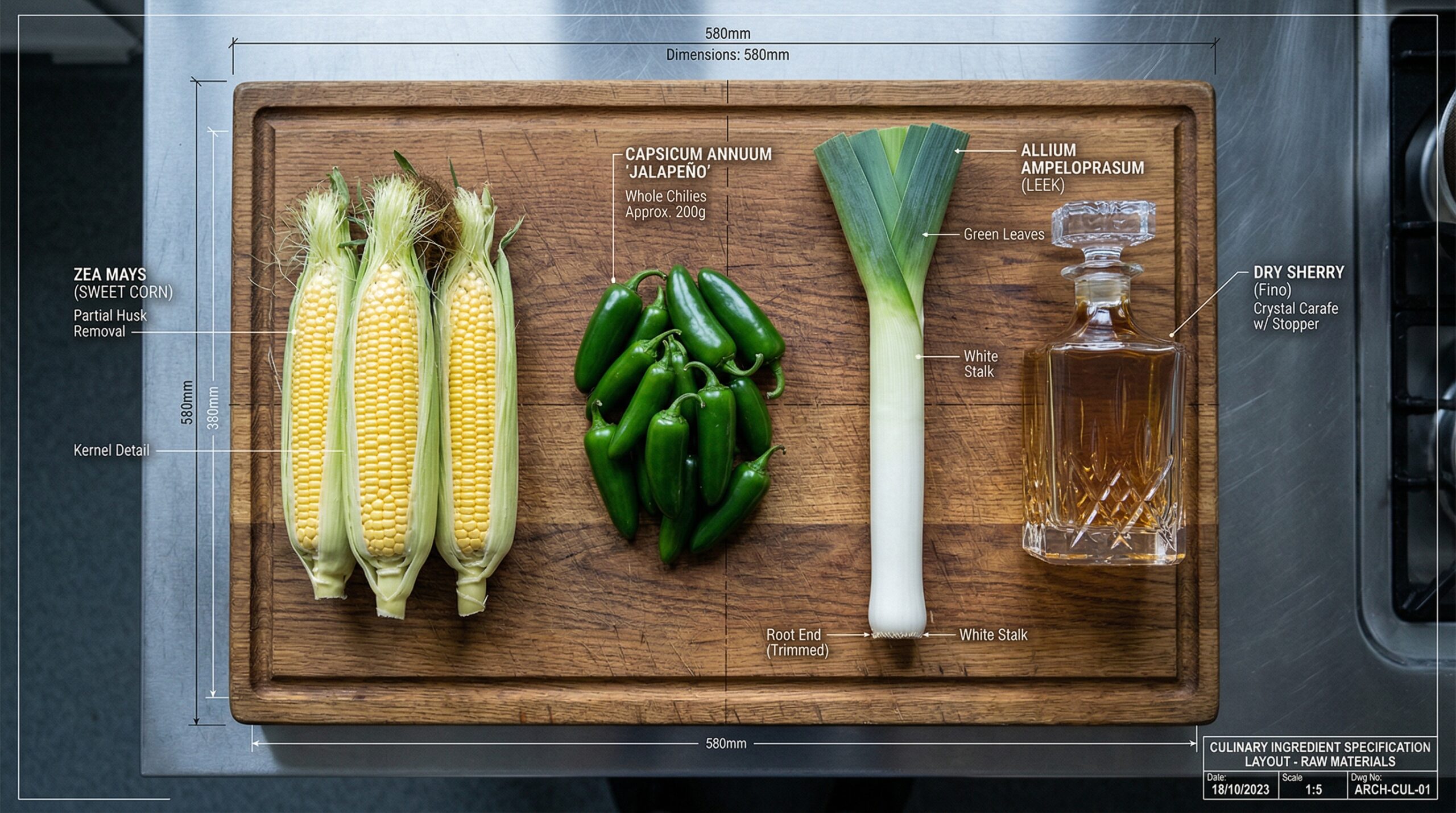 Raw ears of corn, jalapenos, and leeks on a wooden prep board