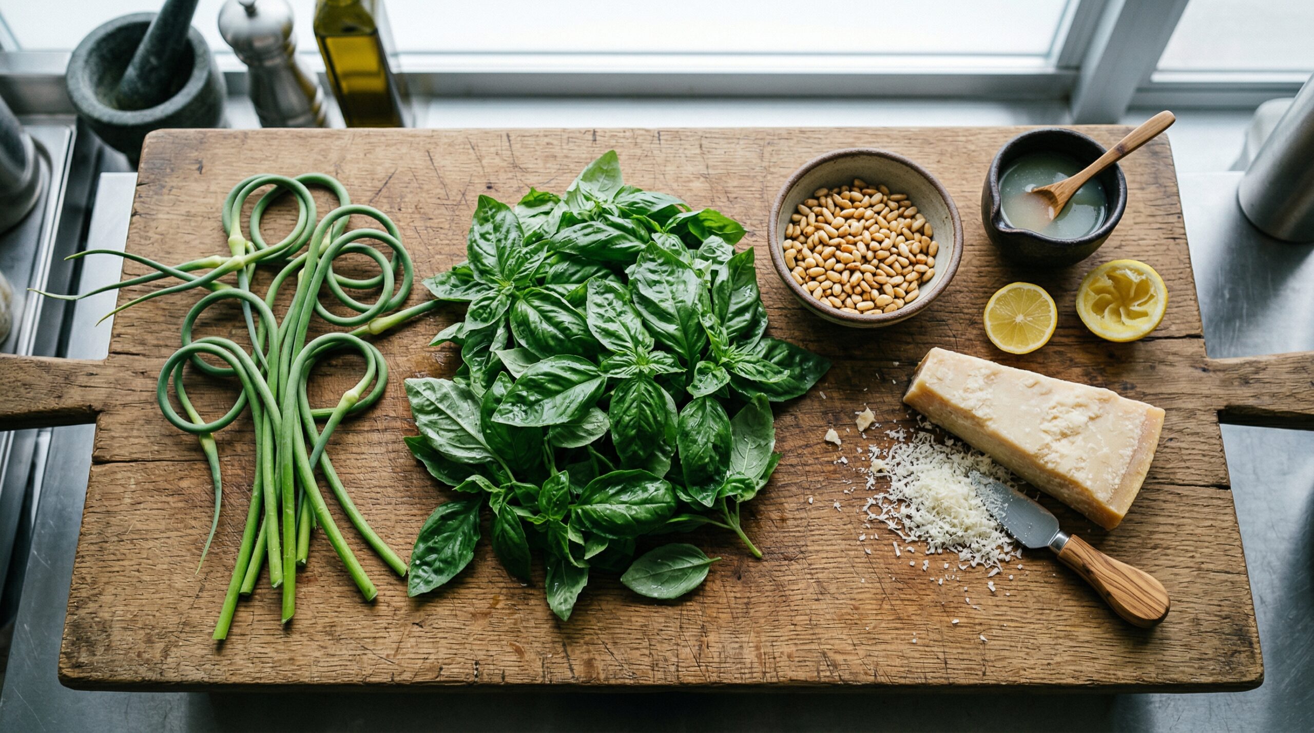 Raw garlic scapes, basil, pine nuts, and lemon prep on a wooden board