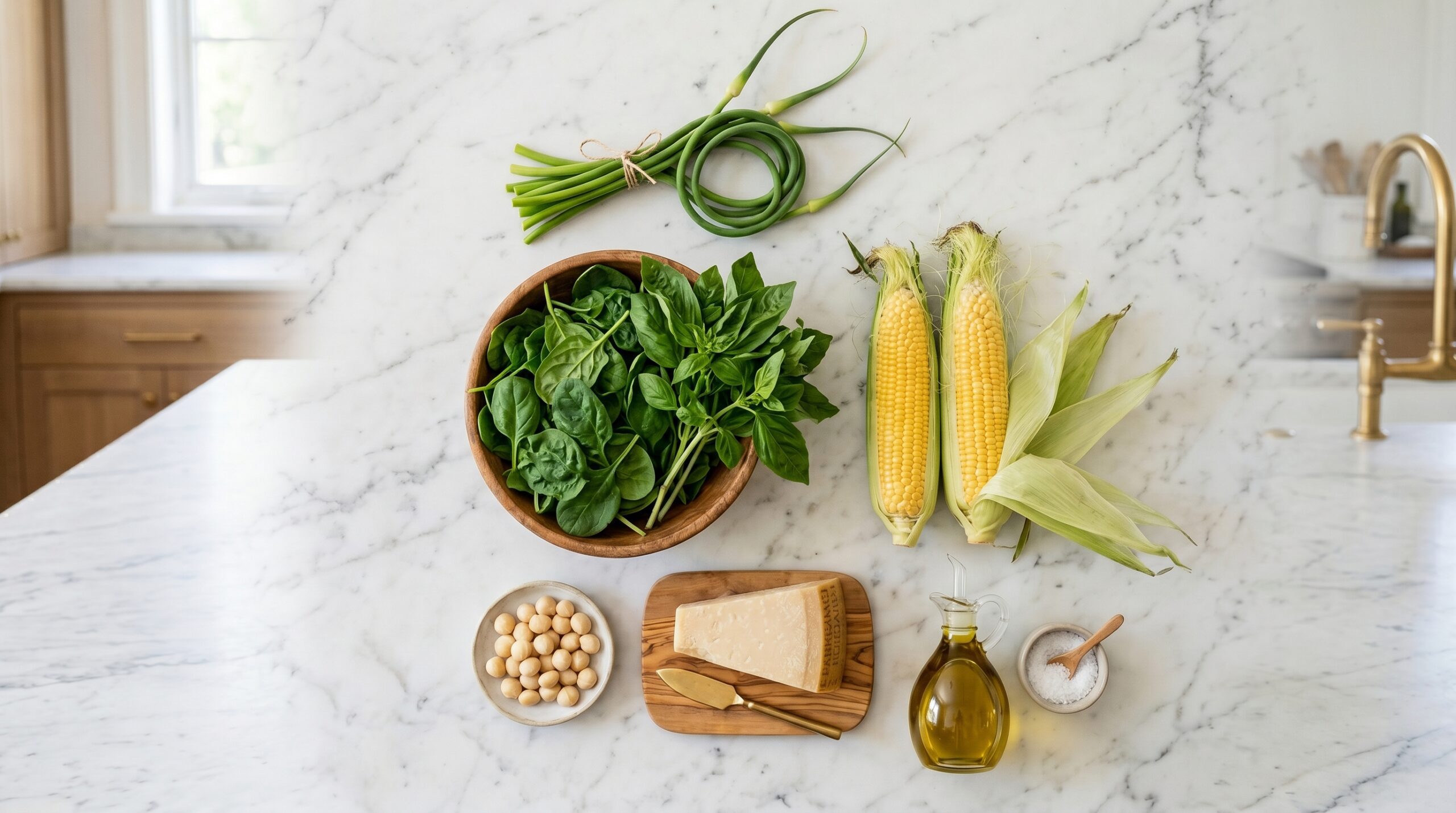 Mise-en-place flat-lay on a marble island showing green garlic scapes, spinach, basil, macadamia nuts, Parmesan cheese, and raw sweet corn