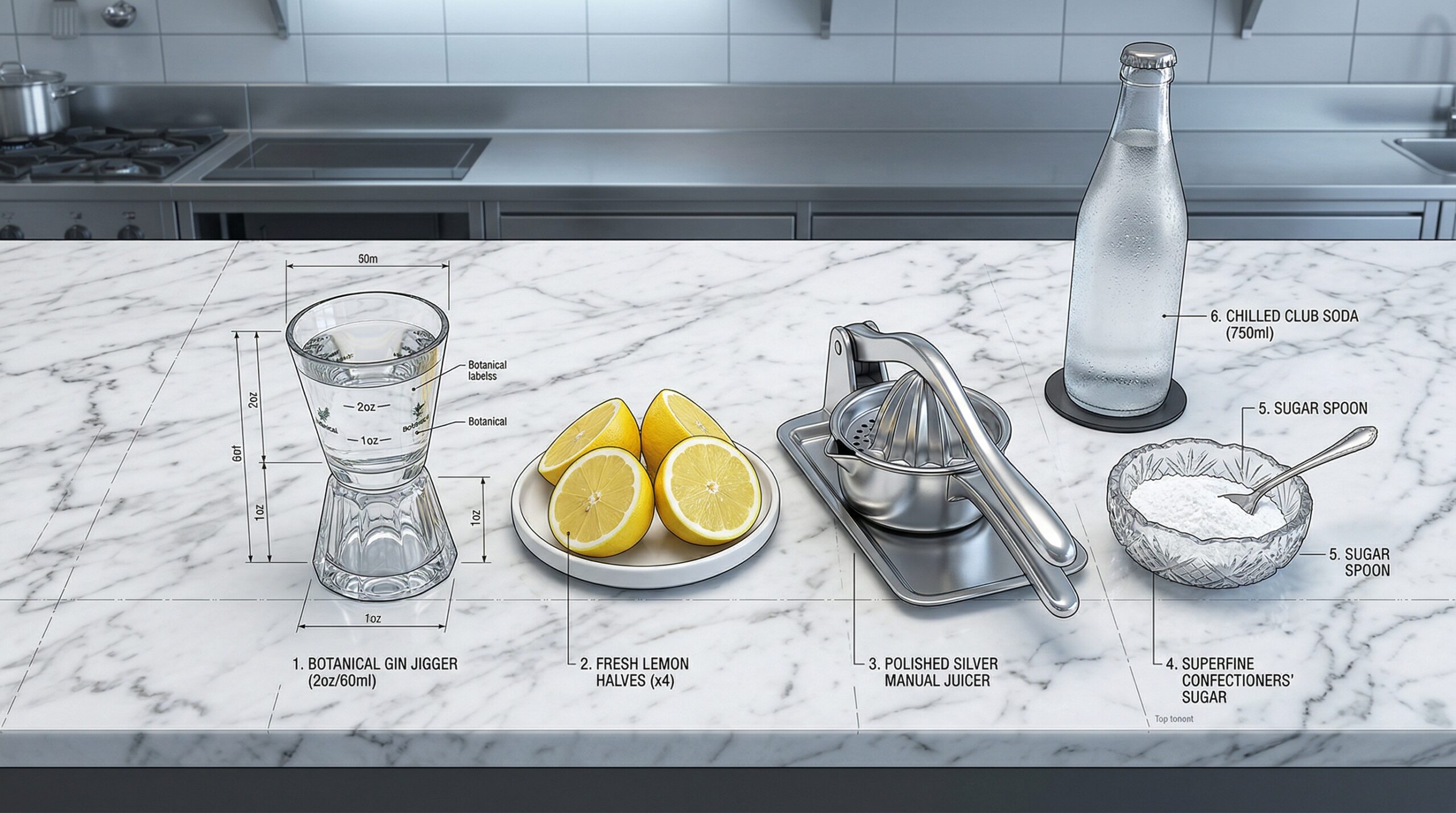 A heavy glass jigger filled with botanical, clear gin resting next to freshly halved bright yellow lemons, a polished silver manual citrus juicer, and a small crystal dish of superfine confectioners' sugar