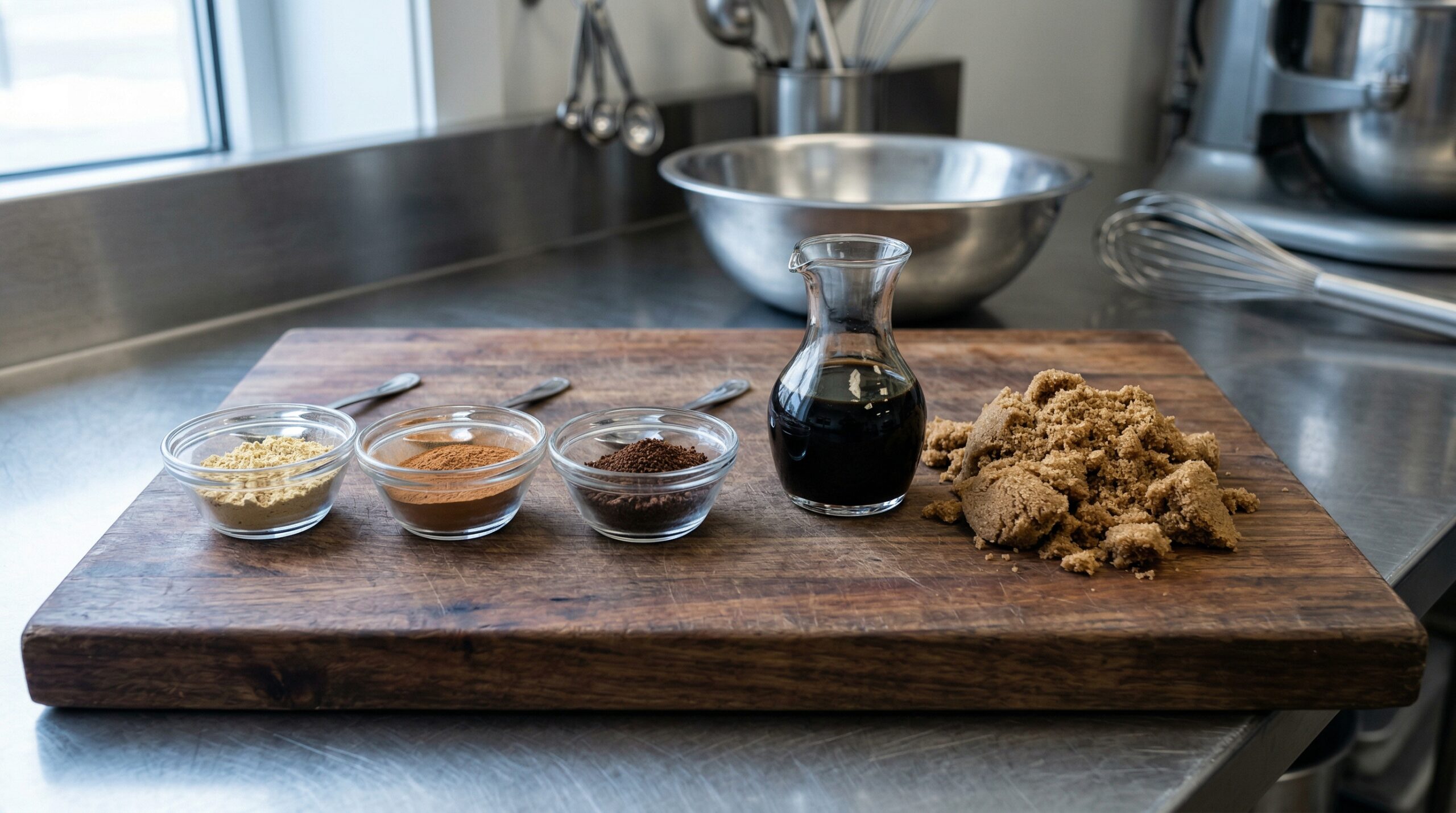 Professional arrangement of ground ginger, molasses, and spice-infused dough materials