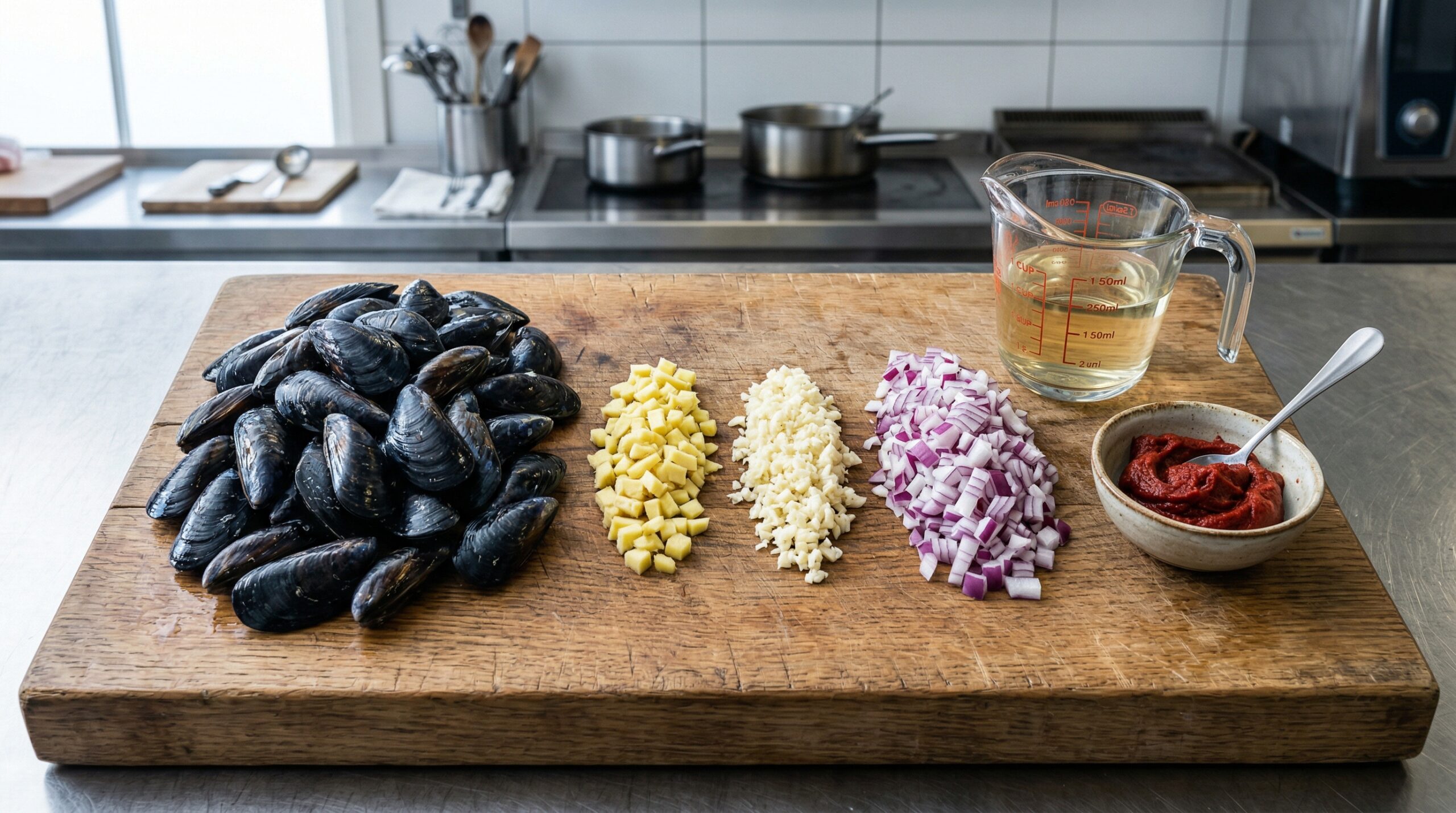 Tightly closed, dark blue raw mussels resting next to peeled fresh ginger, minced garlic cloves, and diced red onion on a heavy wooden prep board