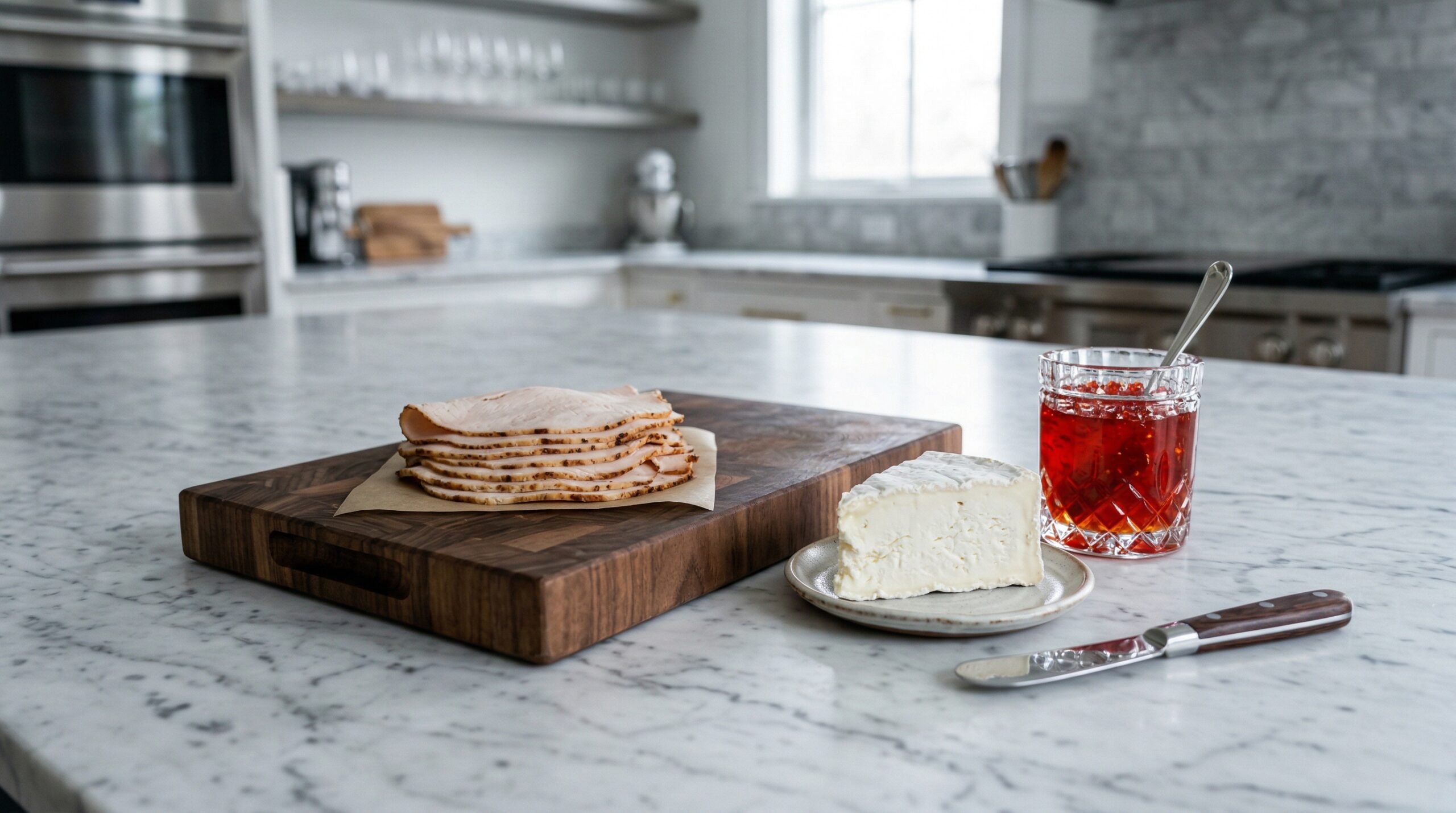 Thinly sliced deli roasted turkey breast resting on a heavy wooden prep board next to a wedge of creamy white goat cheese and a small crystal jar filled with red pepper jelly