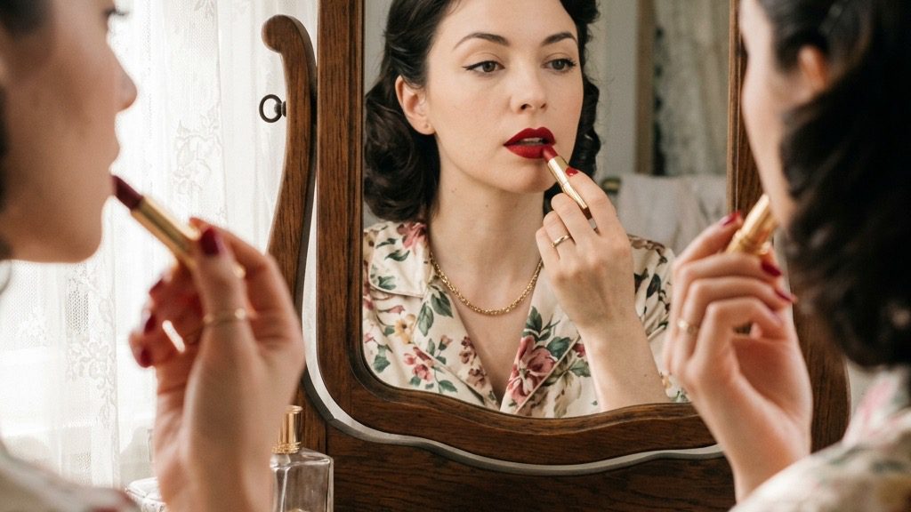 A woman's hands applying bold red lipstick in front of a vintage mirror.