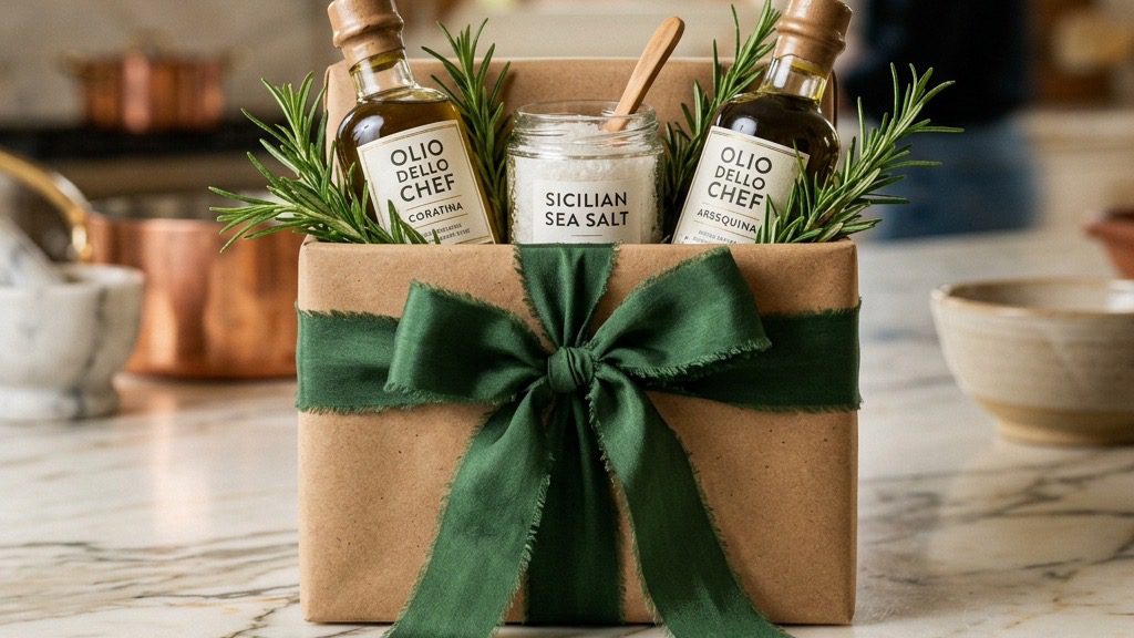 A perfectly wrapped gourmet gift box resting on a luxurious marble kitchen island, holding olive oils and coarse sea salt.