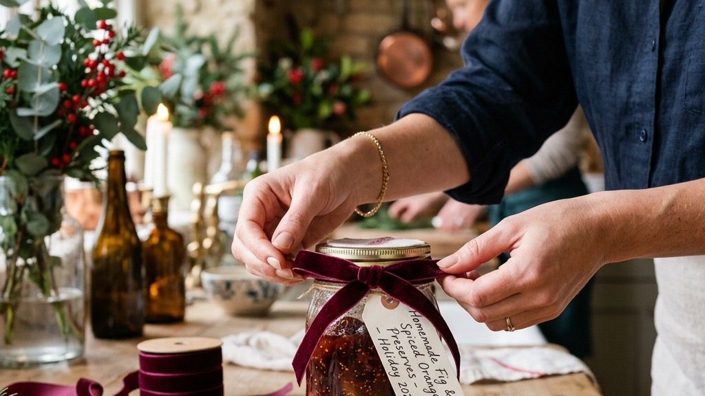 Candid lifestyle photograph of an elegant hostess tying a deep velvet ribbon around a jar of homemade preserves in a bustling kitchen.