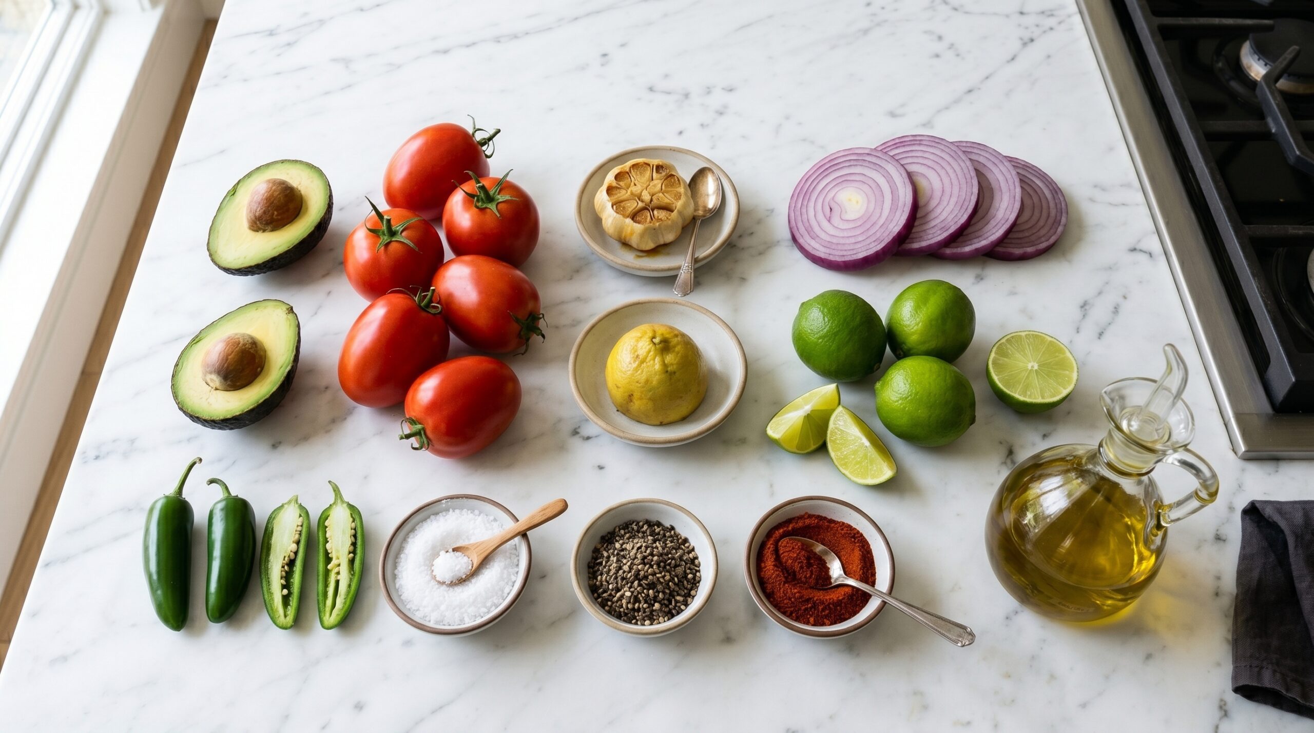 Mise-en-place flat-lay on a marble island showing halved green avocados, red plum tomatoes, red onion, jalapeños, limes, and golden roasted garlic