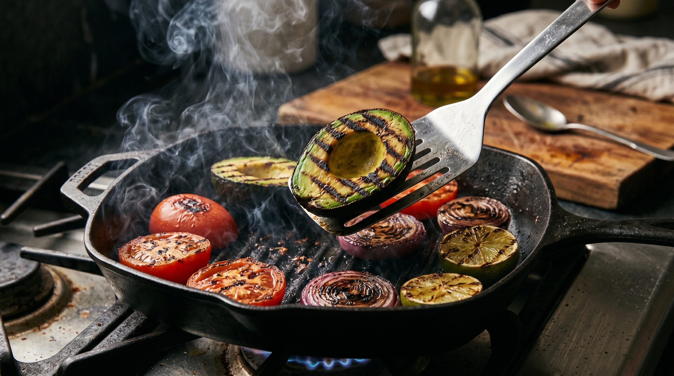Action shot of a metal spatula lifting a halved avocado to reveal dark char marks inside a smoking-hot cast-iron grill pan