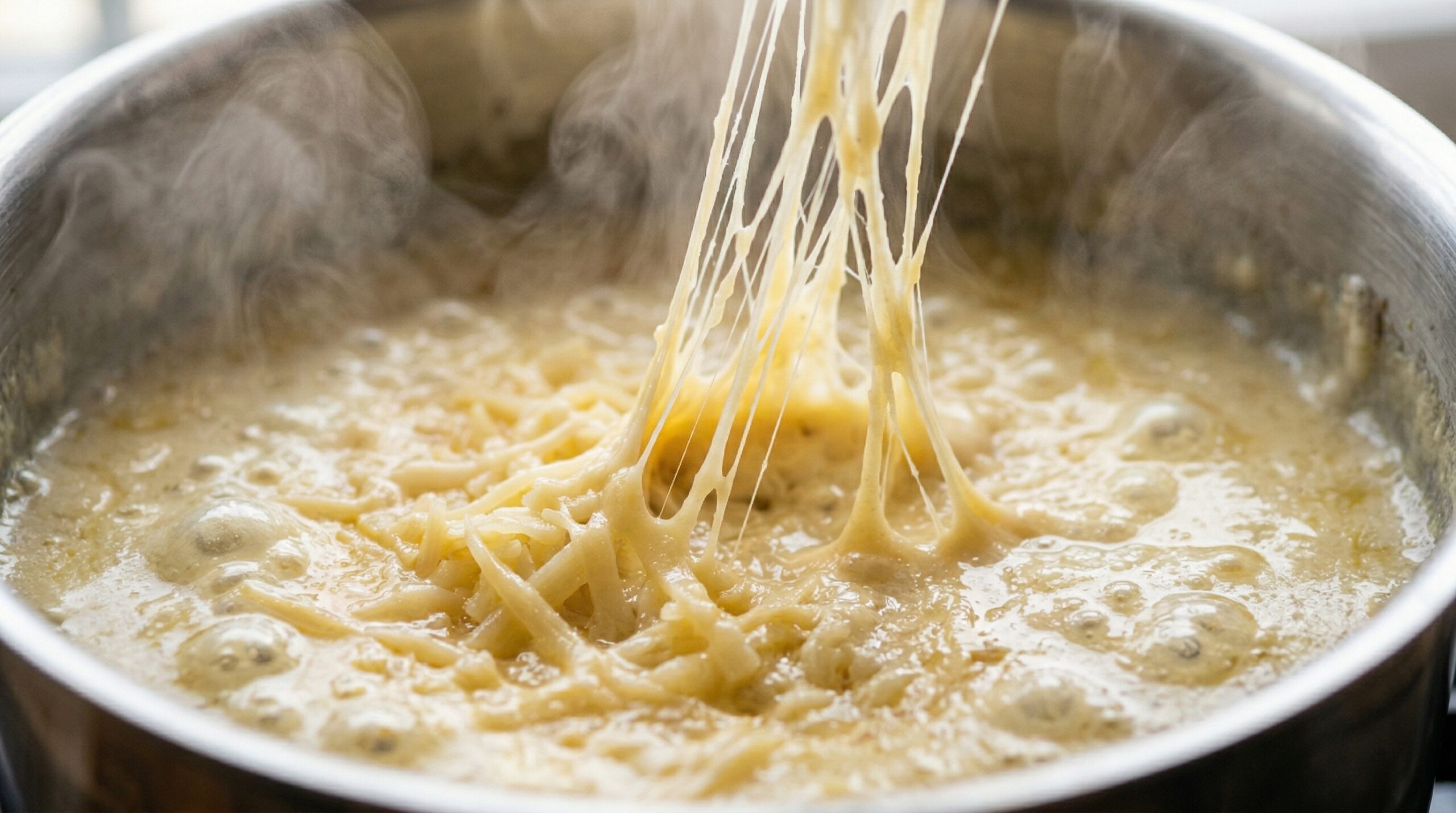 Macro detail of a thick, glossy béchamel sauce actively bubbling in a stainless steel saucepan as grated Gruyere cheese melts into long, elastic strands