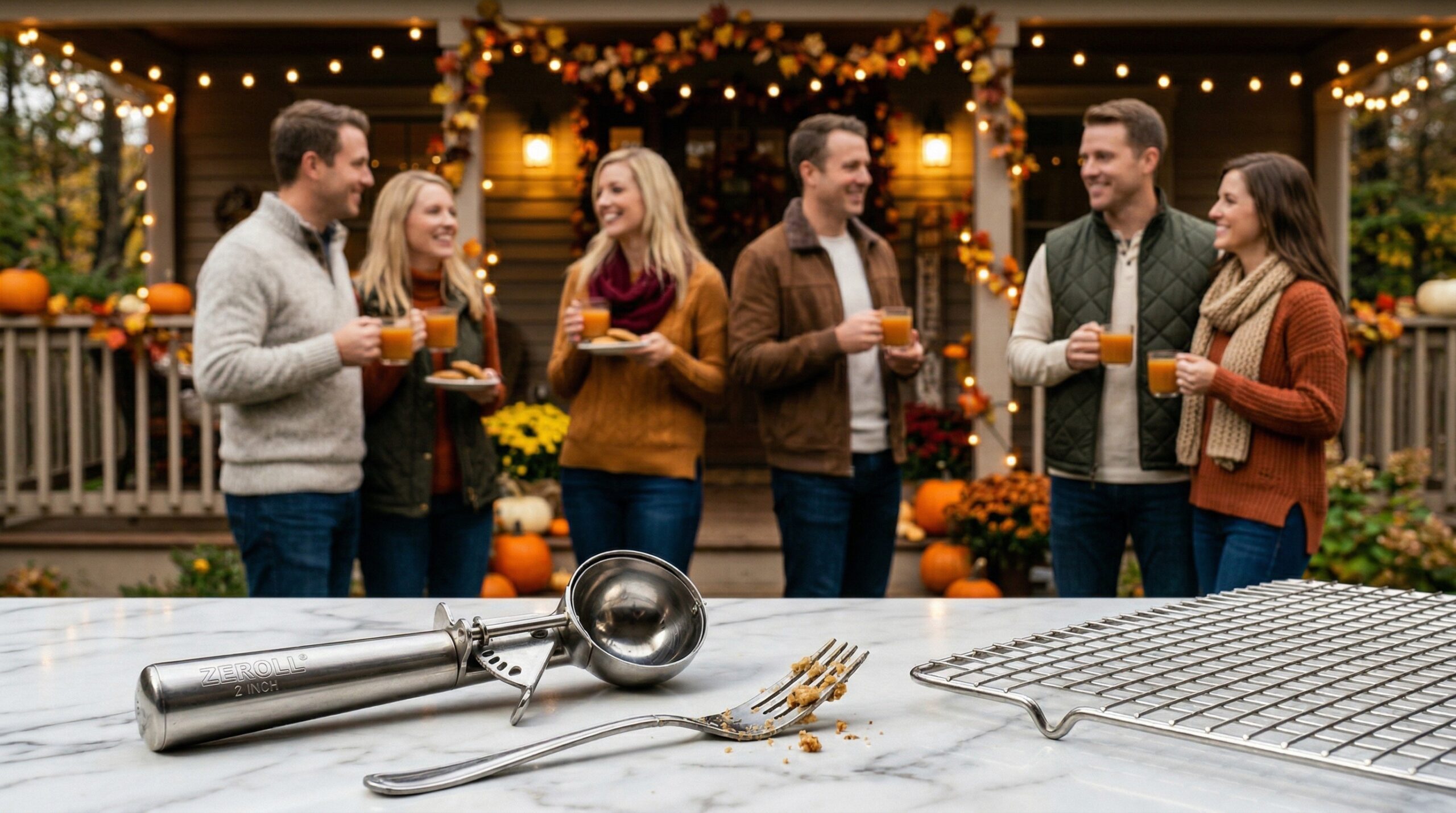 Kitchen tools in foreground with an elegant outdoor autumnal gathering in background