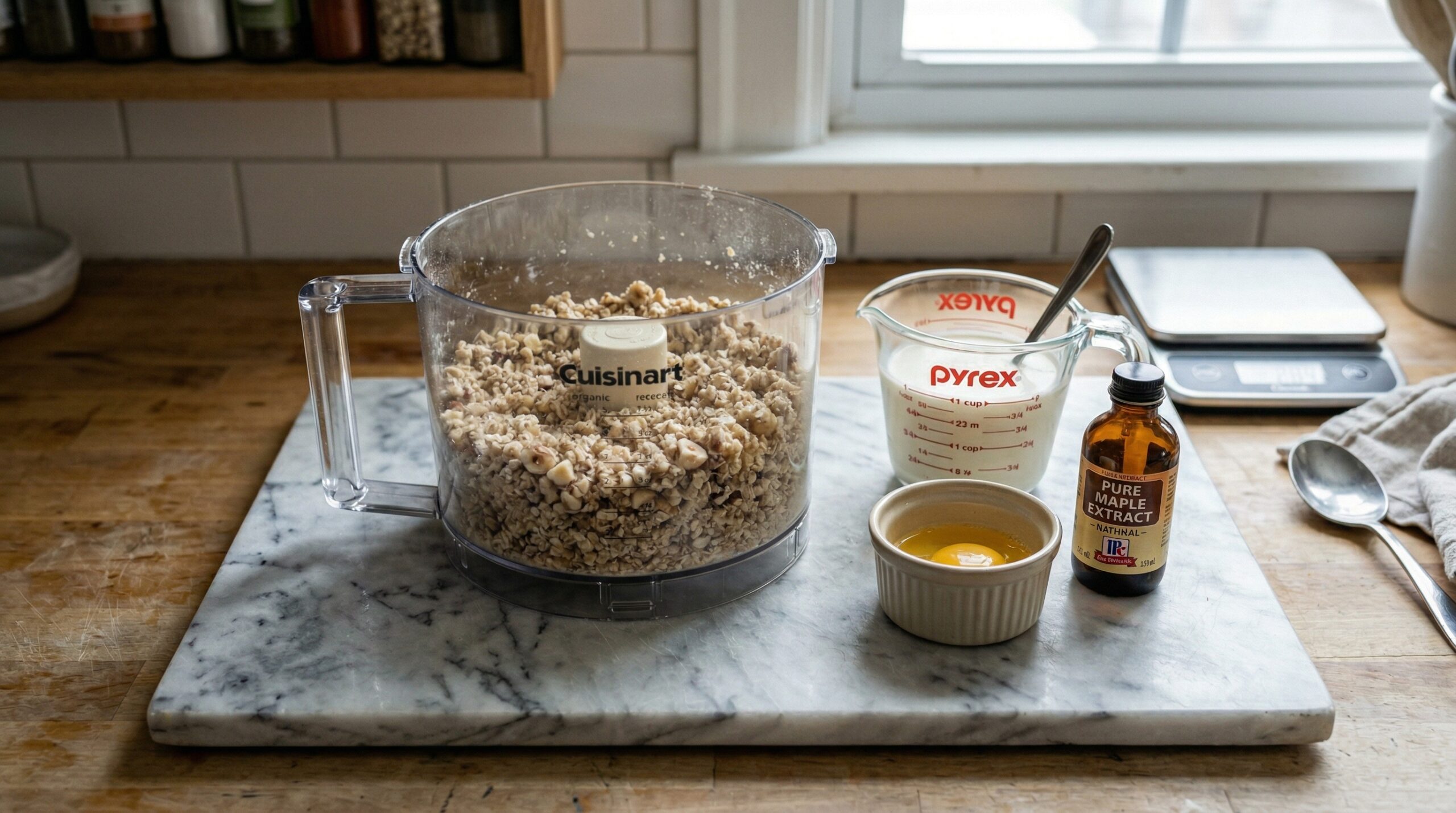 A food processor bowl filled with a coarse, sandy mixture of flour, butter, chopped hazelnuts, and oats resting next to a glass measuring cup of heavy cream on a heavy marble prep board