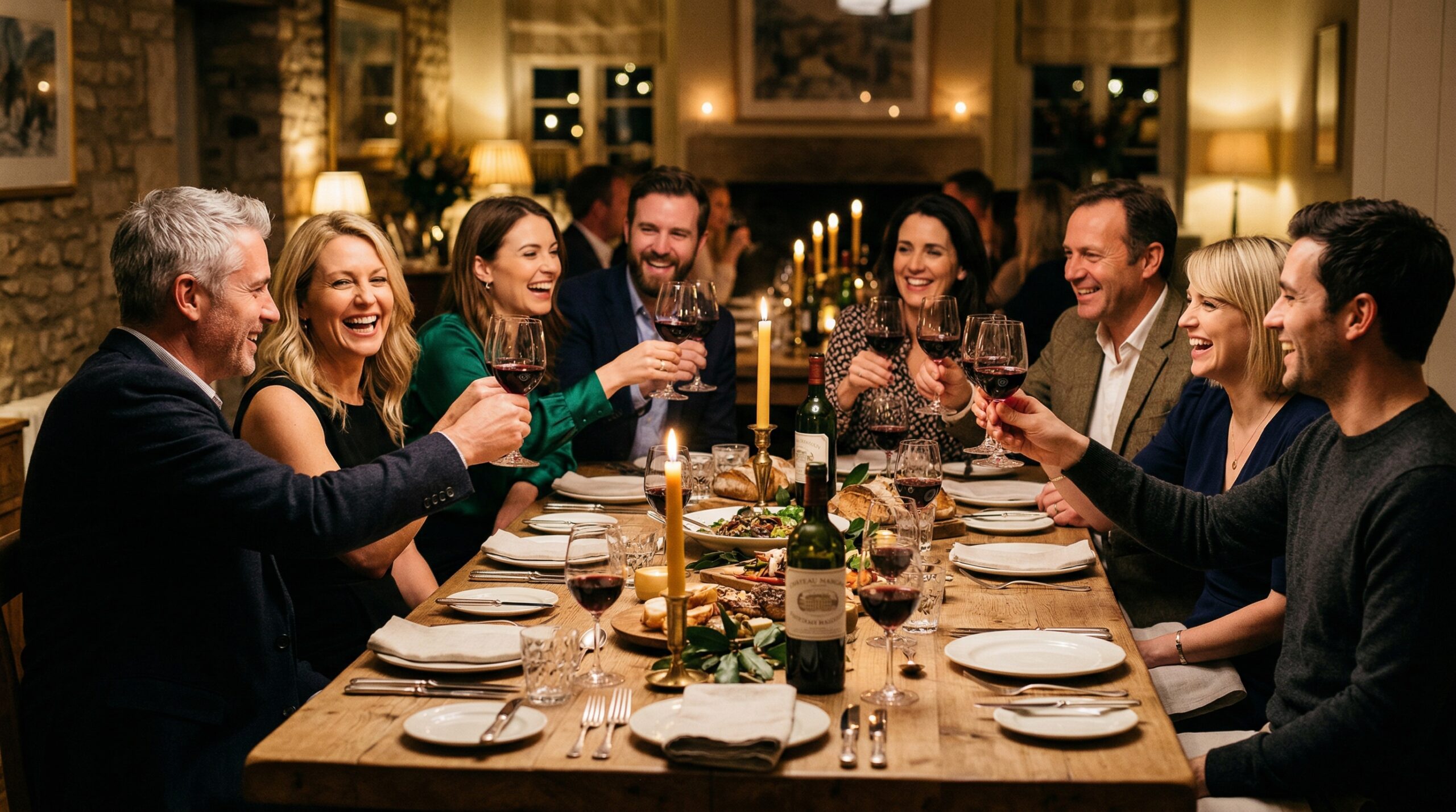 An elegant evening dinner party where couples are laughing and raising wine glasses